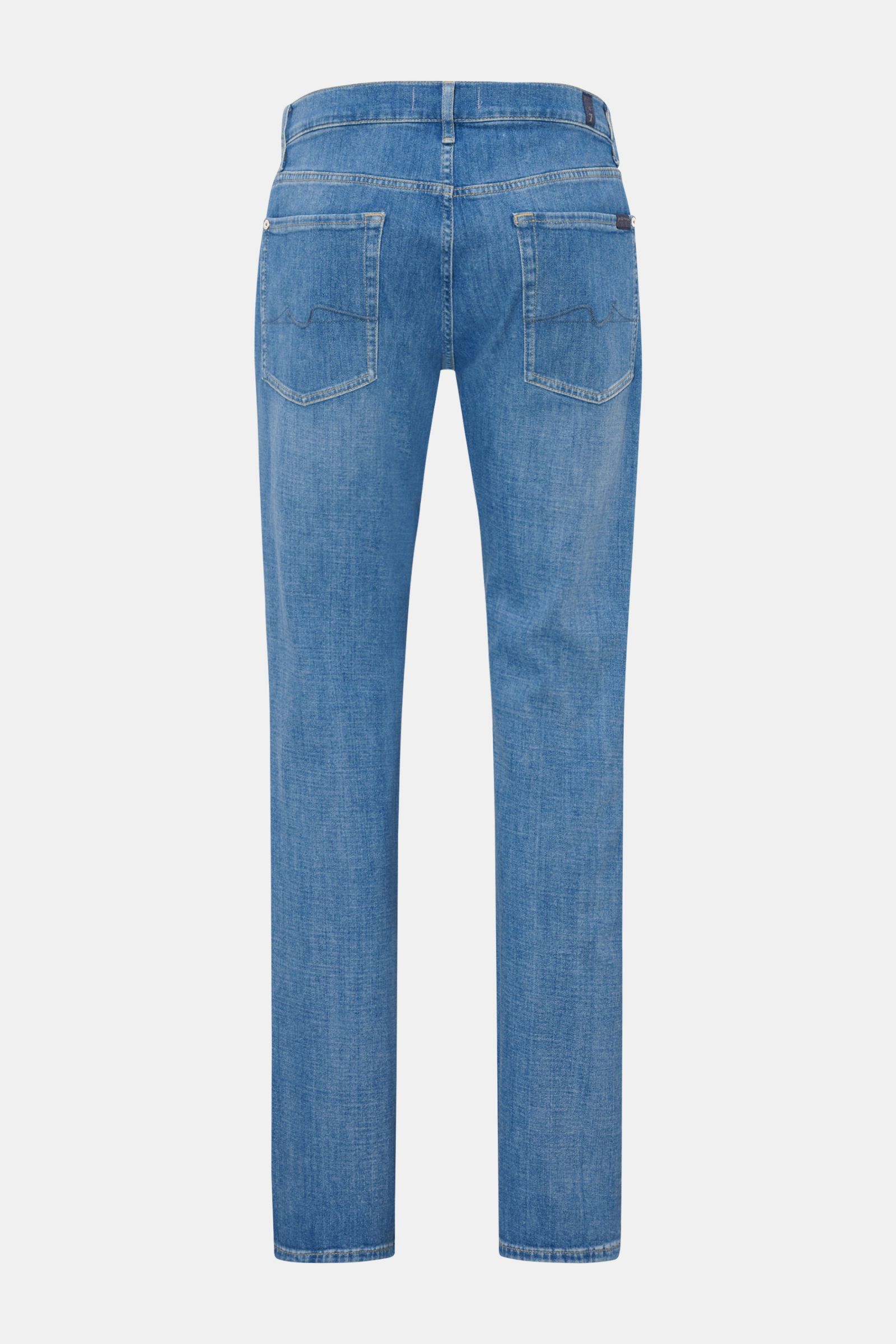 7 for all mankind Jeans 'The Straight' blau, Rückansicht, Regular Fit, Five-Pocket-Stil, elastischer Baumwoll-Denim, leichte Waschung, Zip Fly, Weblabel.