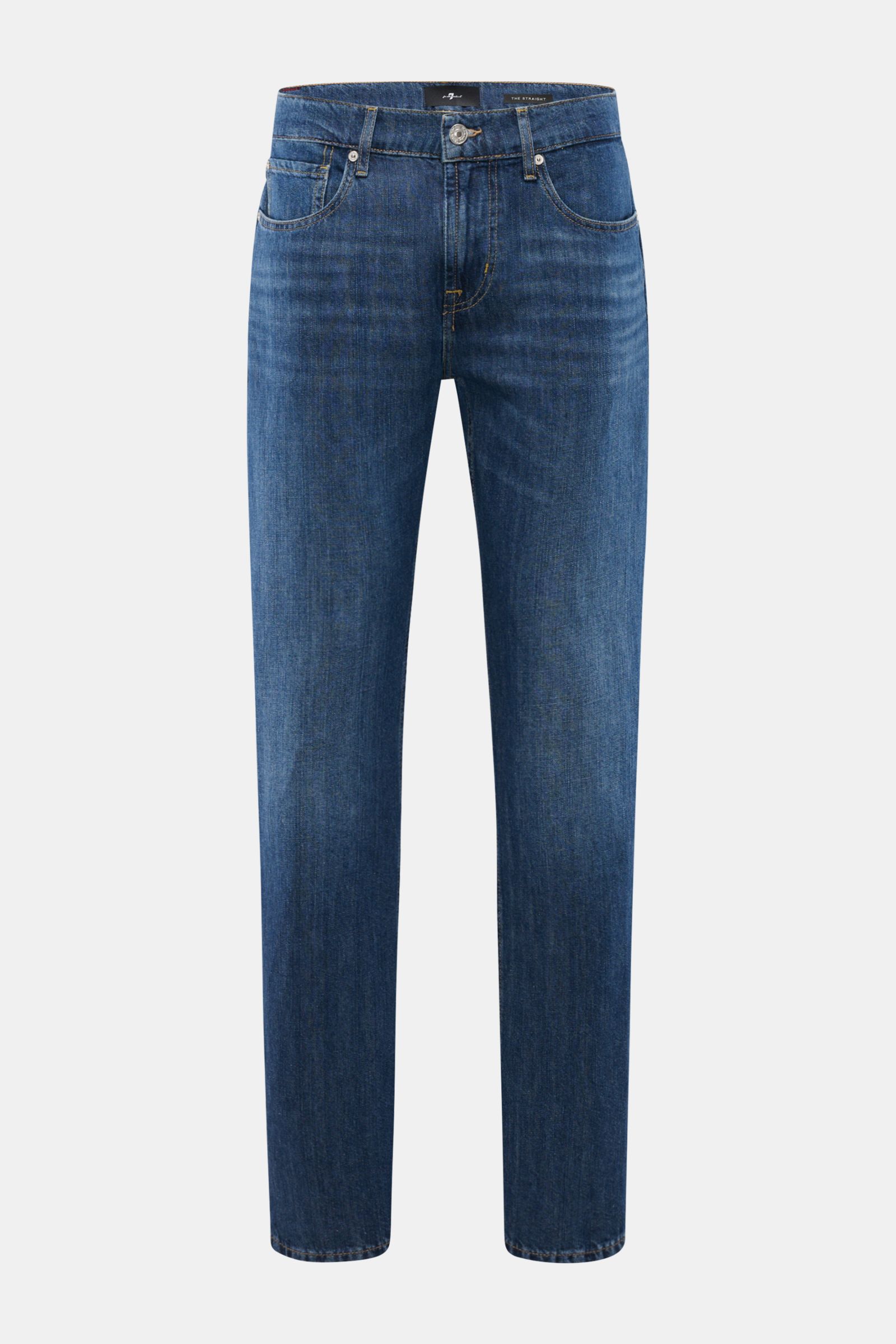 Front view of 7 for all mankind Jeans 'The Straight' dunkelblau, regular fit with soft cotton-linen denim, zip fly, five-pocket style, and small web label, featuring a slightly tapered leg and authentic, soft wash. 

Ihre neue Lieblingsjeans wird das M