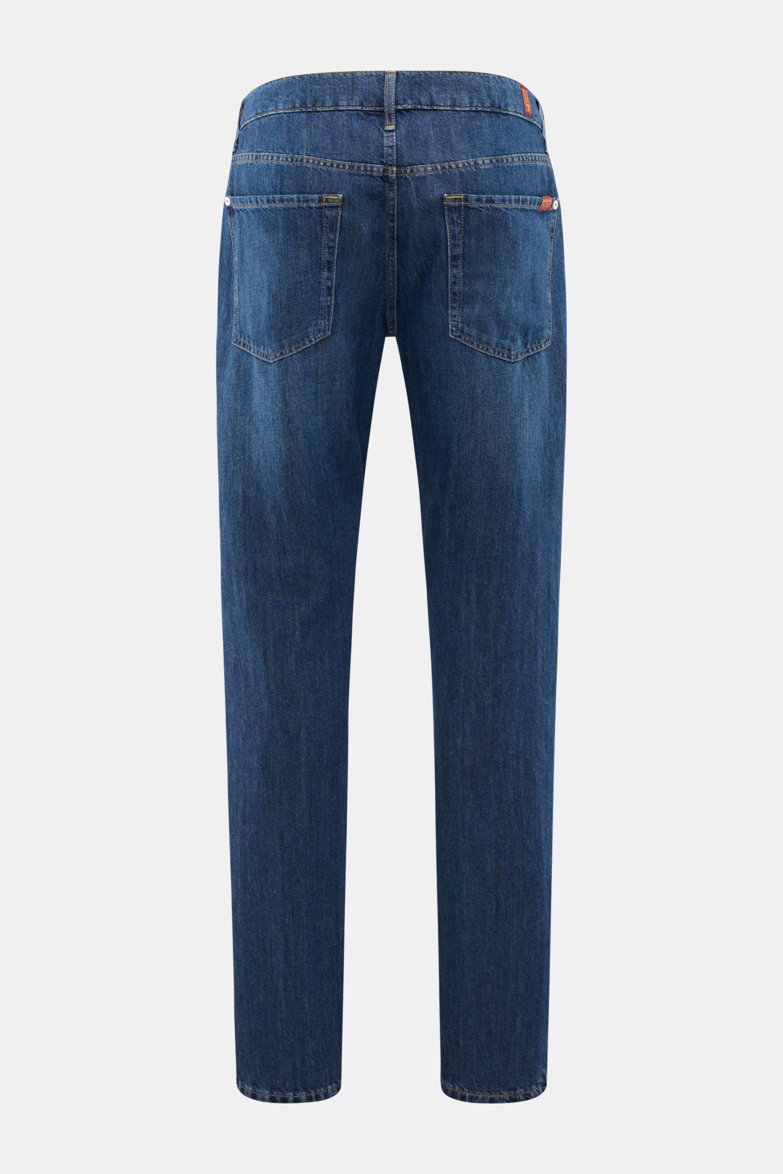 7 for all mankind Jeans 'The Straight' dunkelblau shown from the back, regular fit with soft cotton-linen denim, zip fly, five-pocket style, small woven label. Ihre neue Lieblingsjeans wird das Modell 'The Straight' des Denim-Labels 7 FOR ALL MANKIND sein