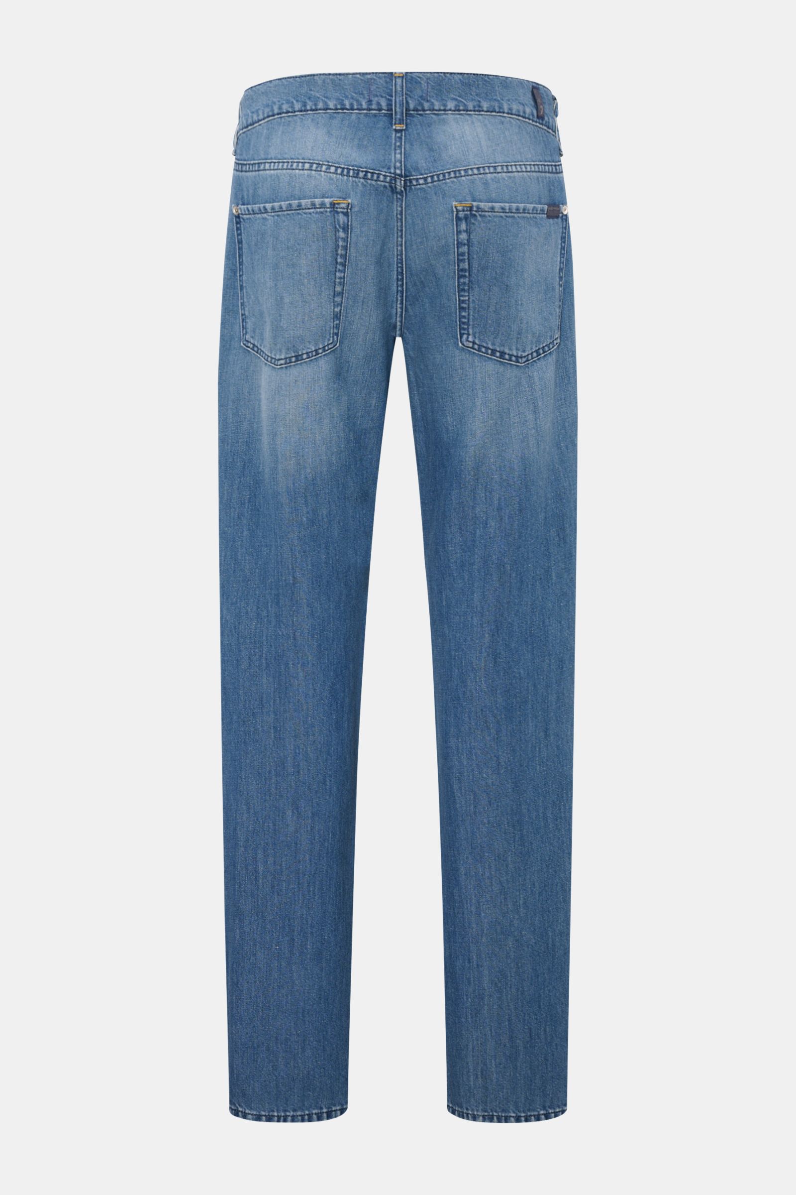 7 for all mankind Jeans 'The Straight' blau, Rückansicht, Regular Fit, Five-Pocket, Zip Fly, Baumwoll-Leinen-Mix, leichte Waschung, schmal zulaufend.