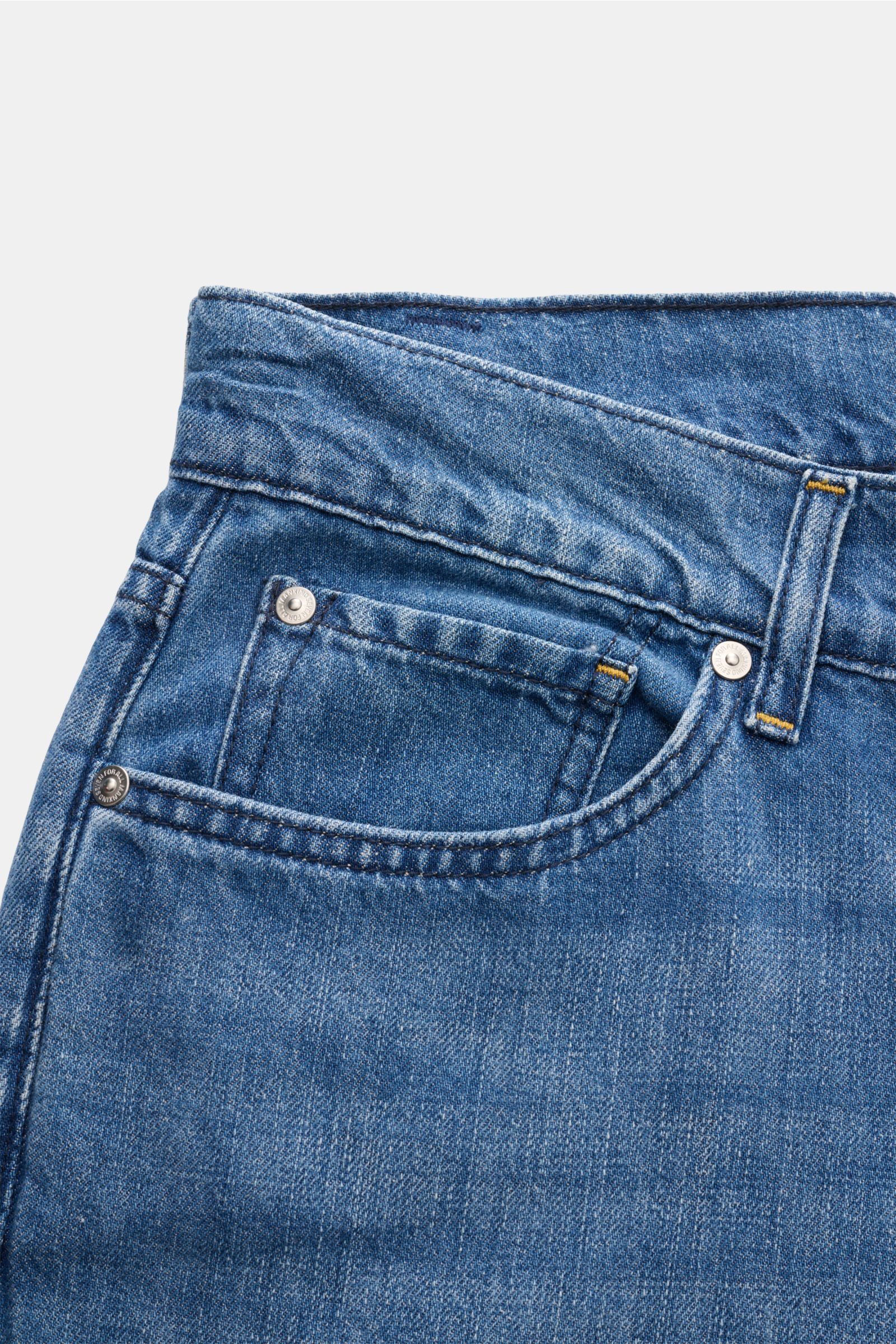 7 for all mankind Jeans 'The Straight' blau, Detailansicht der Five-Pocket-Taschen, Baumwoll-Leinen, Regular Fit, Zip Fly, leichter Waschung, Weblabel.
