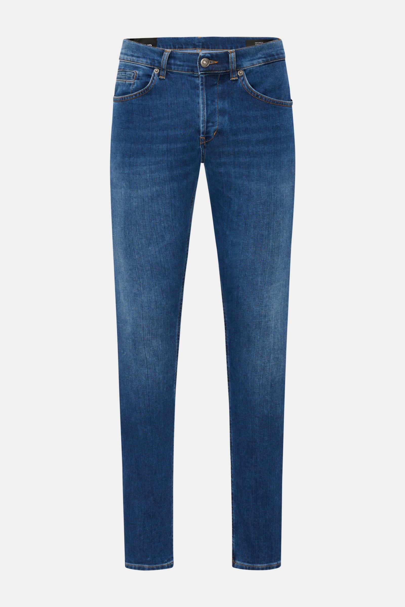 Dondup Jeans 'George' dunkelblau, Frontansicht, Skinny Fit, elastische Baumwolle, Used-Waschung, niedrige Bundhöhe, Five-Pocket-Stil.
