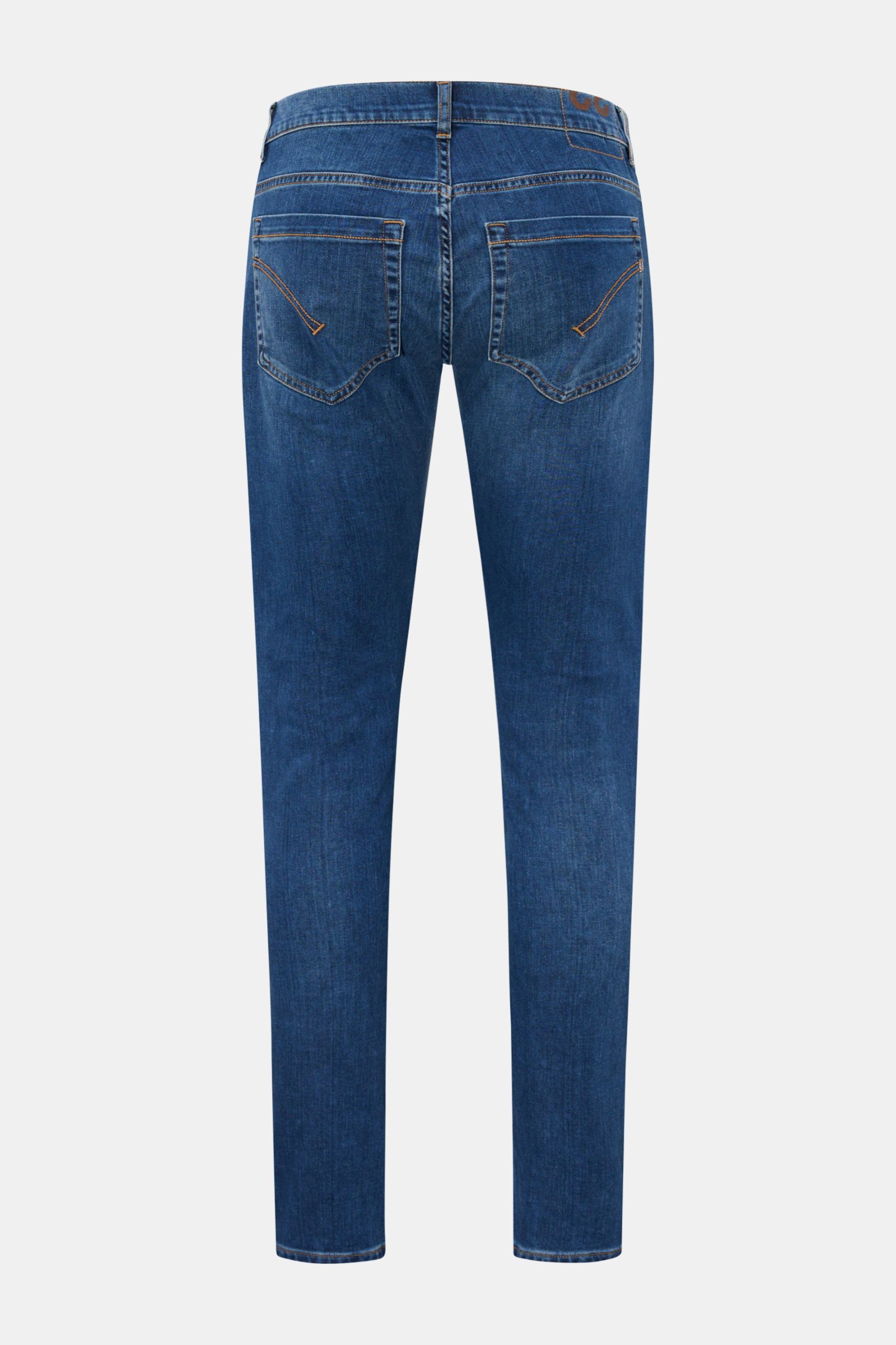 Dondup Jeans 'George' dunkelblau, Rückansicht, elastischer Denim, Skinny Fit, Used-Waschung, niedrige Bundhöhe, Five-Pocket-Stil, Metall-Initial.
