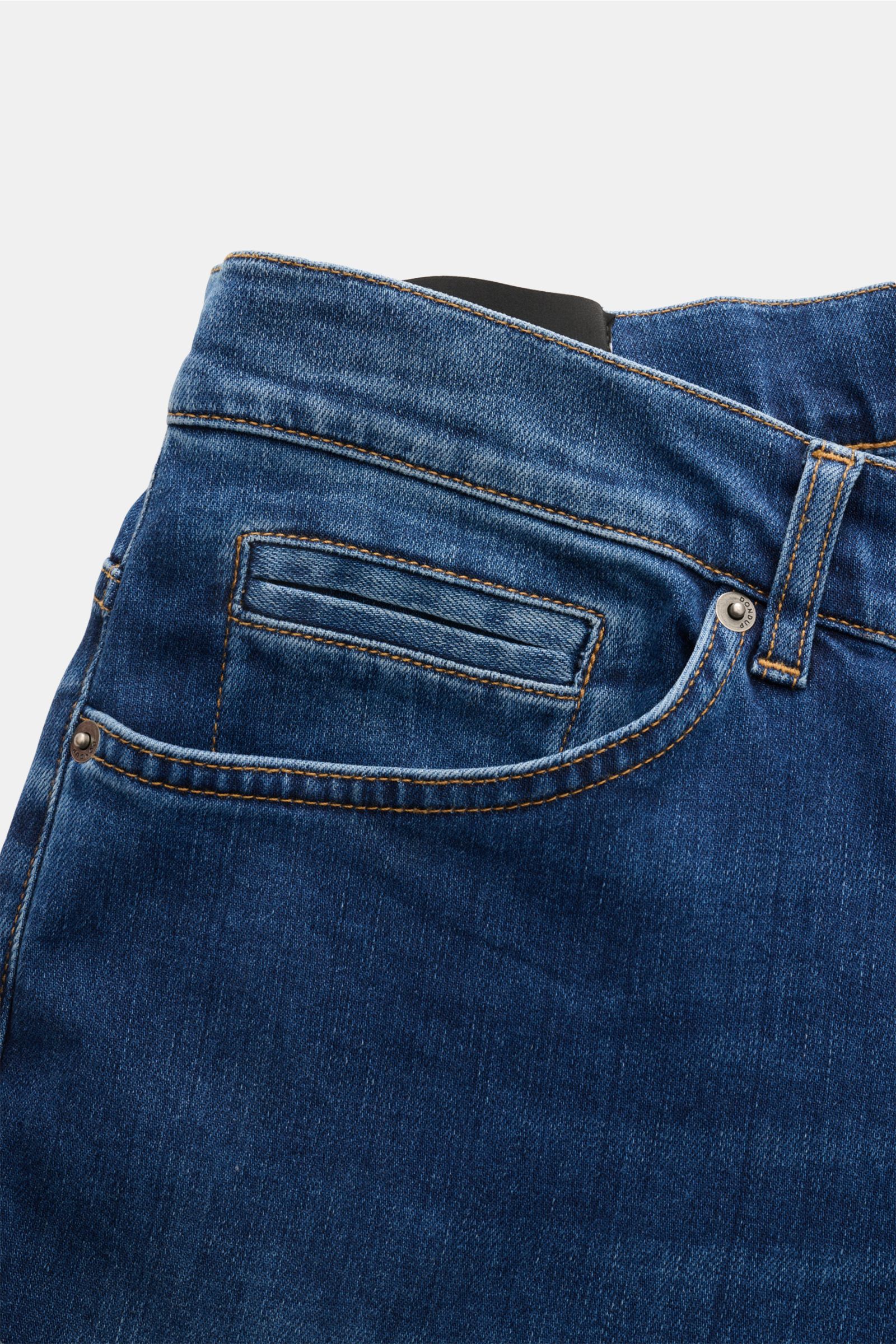 Dondup Jeans 'George' dunkelblau, Detailansicht von vorne oben, elastischer Denim mit Used-Waschung, schmaler Schnitt, Five-Pocket-Stil.