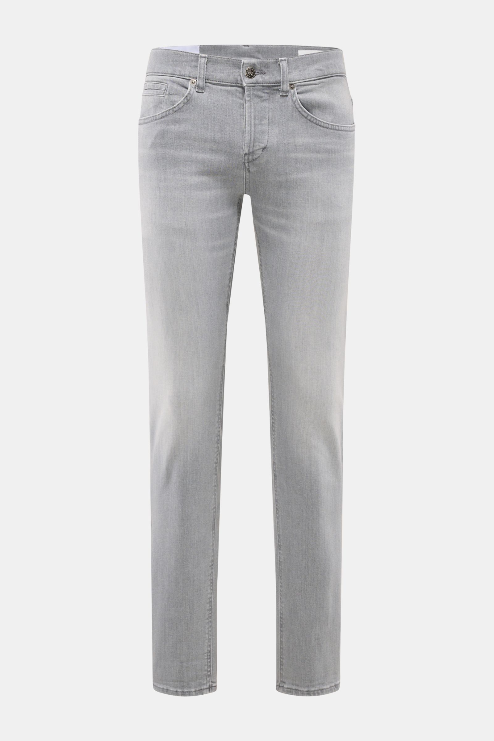 Front view of Dondup Jeans 'George' grey, skinny fit stretchy cotton denim with authentic used wash, button fly, five-pocket style.