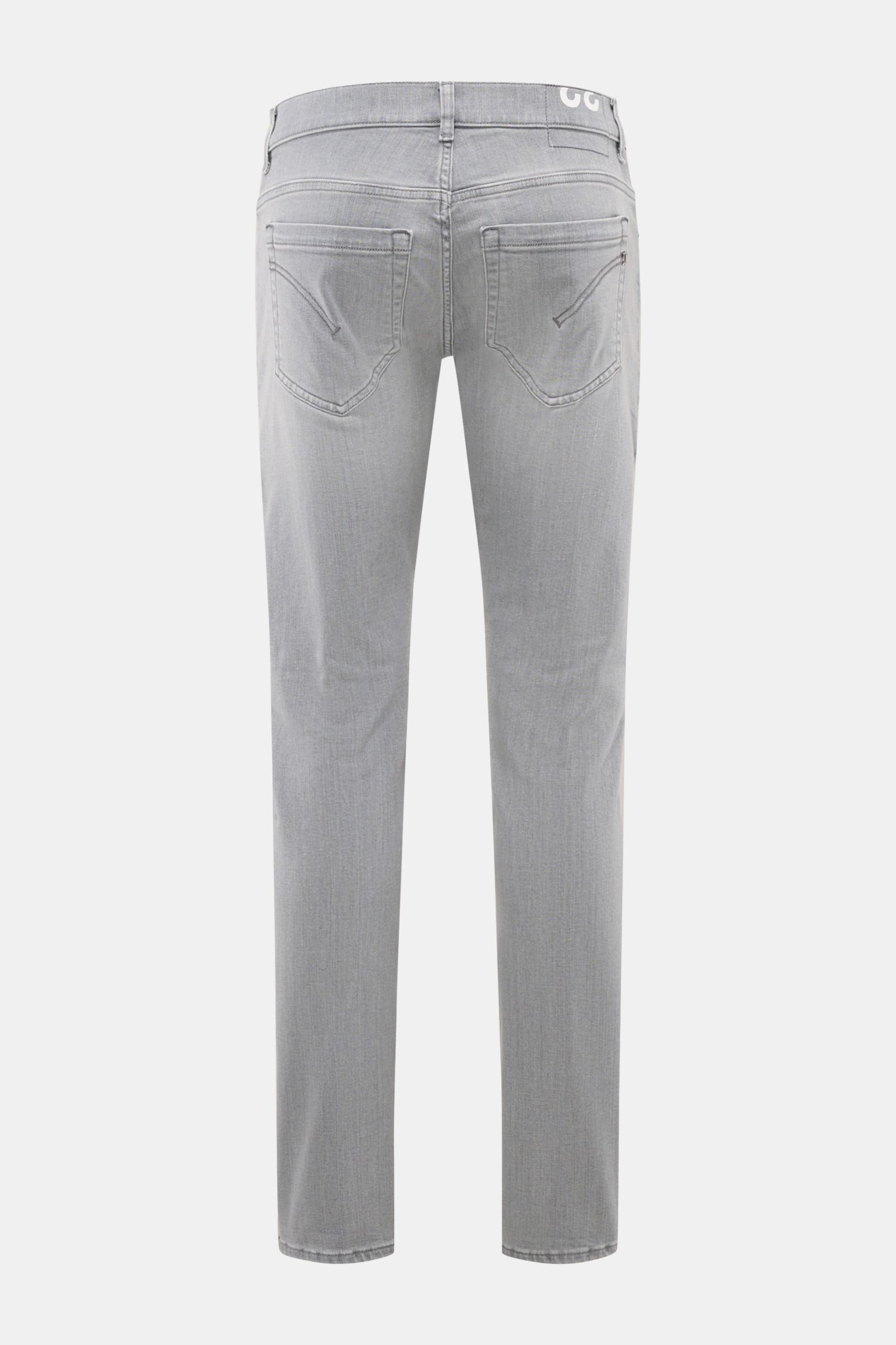 Dondup Jeans 'George' grey shown from the back, featuring stretchy cotton denim, authentic used wash, skinny fit, low waist, button fly, five-pocket style, slim calf, jetted coin pocket, back pockets with stitching, signature metal initial, and woven labe