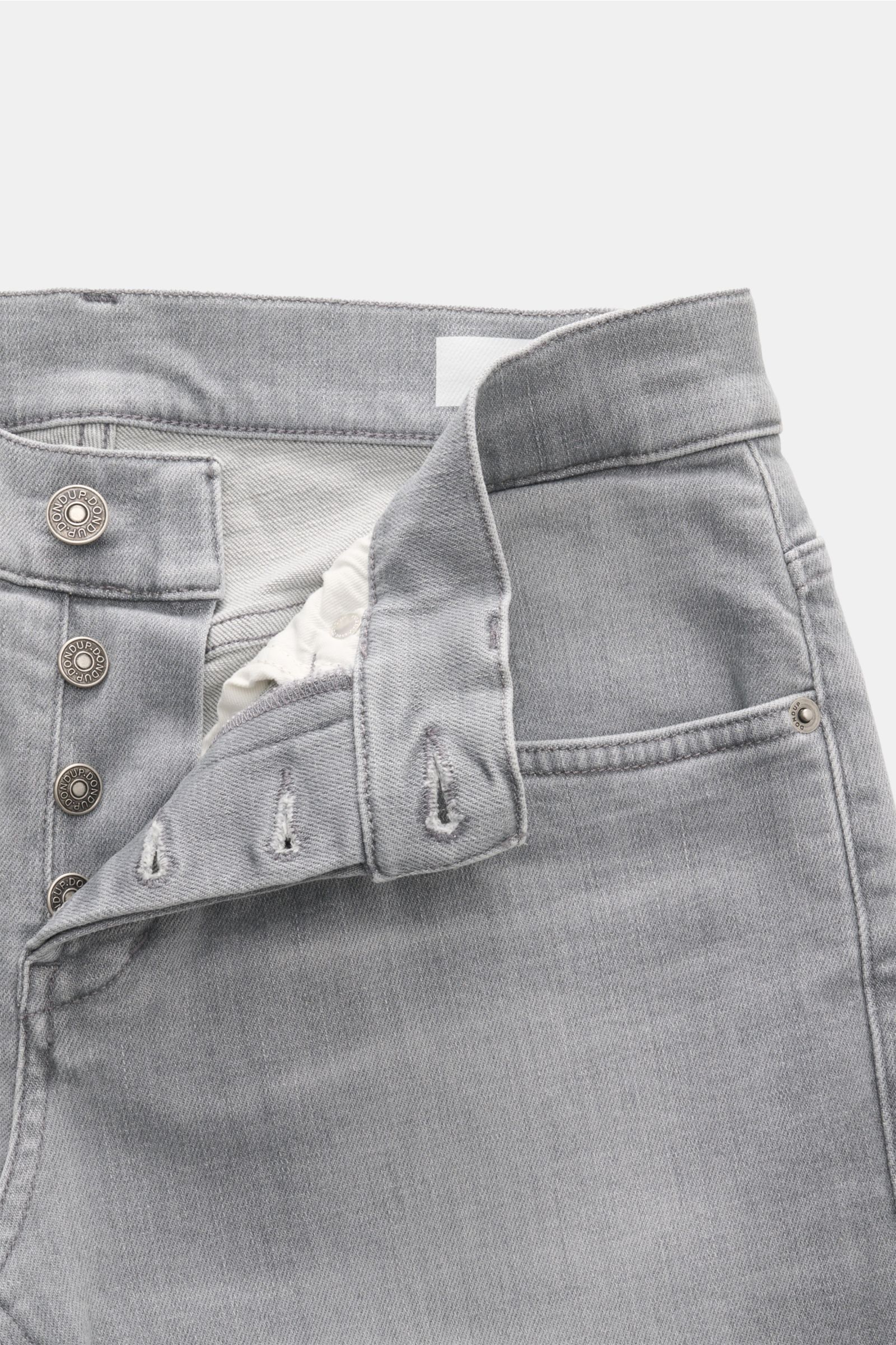 Front close-up of Dondup Jeans 'George' grey with open button fly, showcasing stretchy cotton denim, soft feel, authentic used wash, low waist, and five-pocket style. Comfortable denim: The jeans 'George' in stretchy cotton by DONDUP are versatile enough 