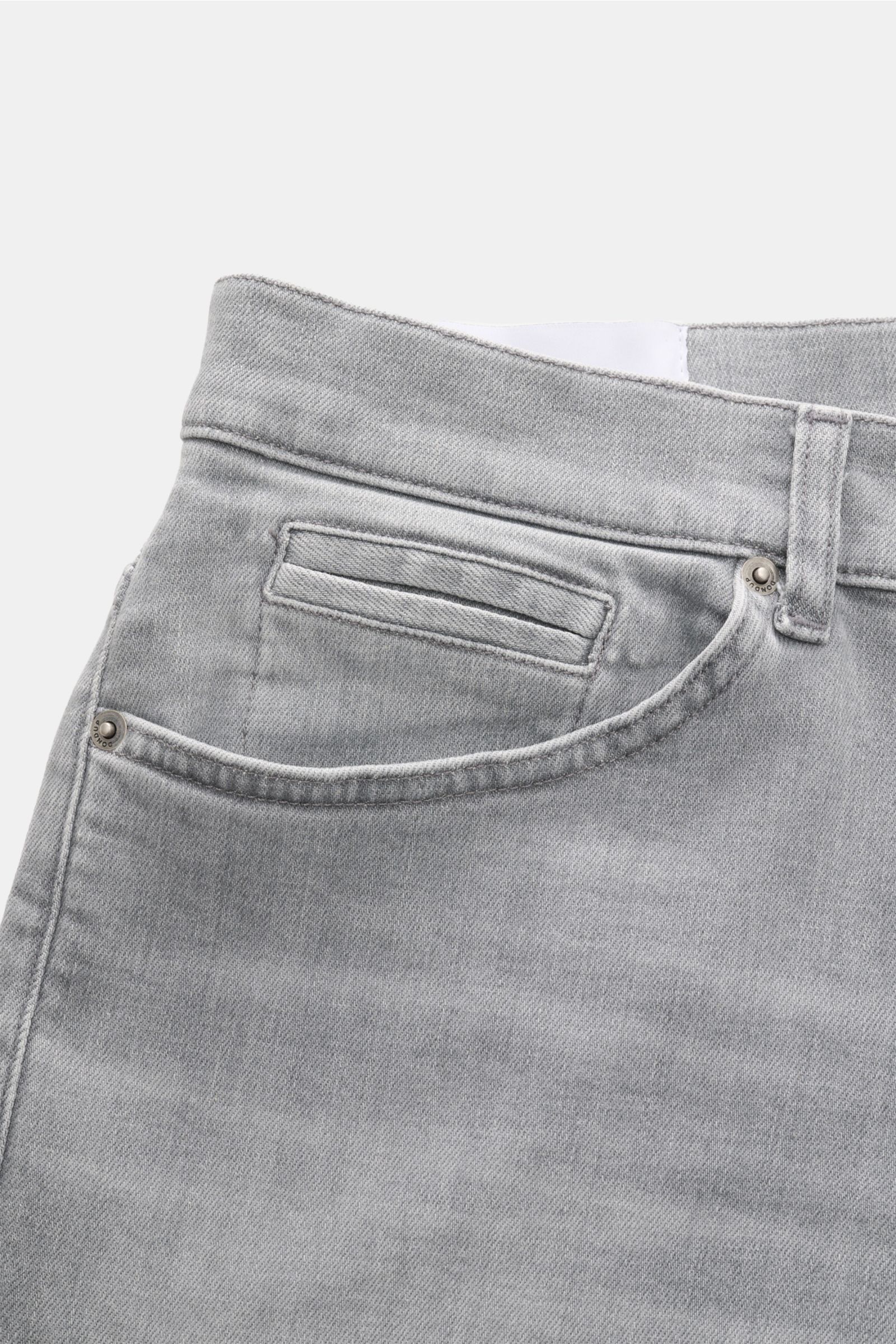 Close-up front-side view of Dondup Jeans 'George' grey in stretchy cotton denim, featuring a low waist, button fly, five-pocket style with jetted coin pocket, back pockets with stitching, signature metal initial, and woven label inside. Comfortable denim 