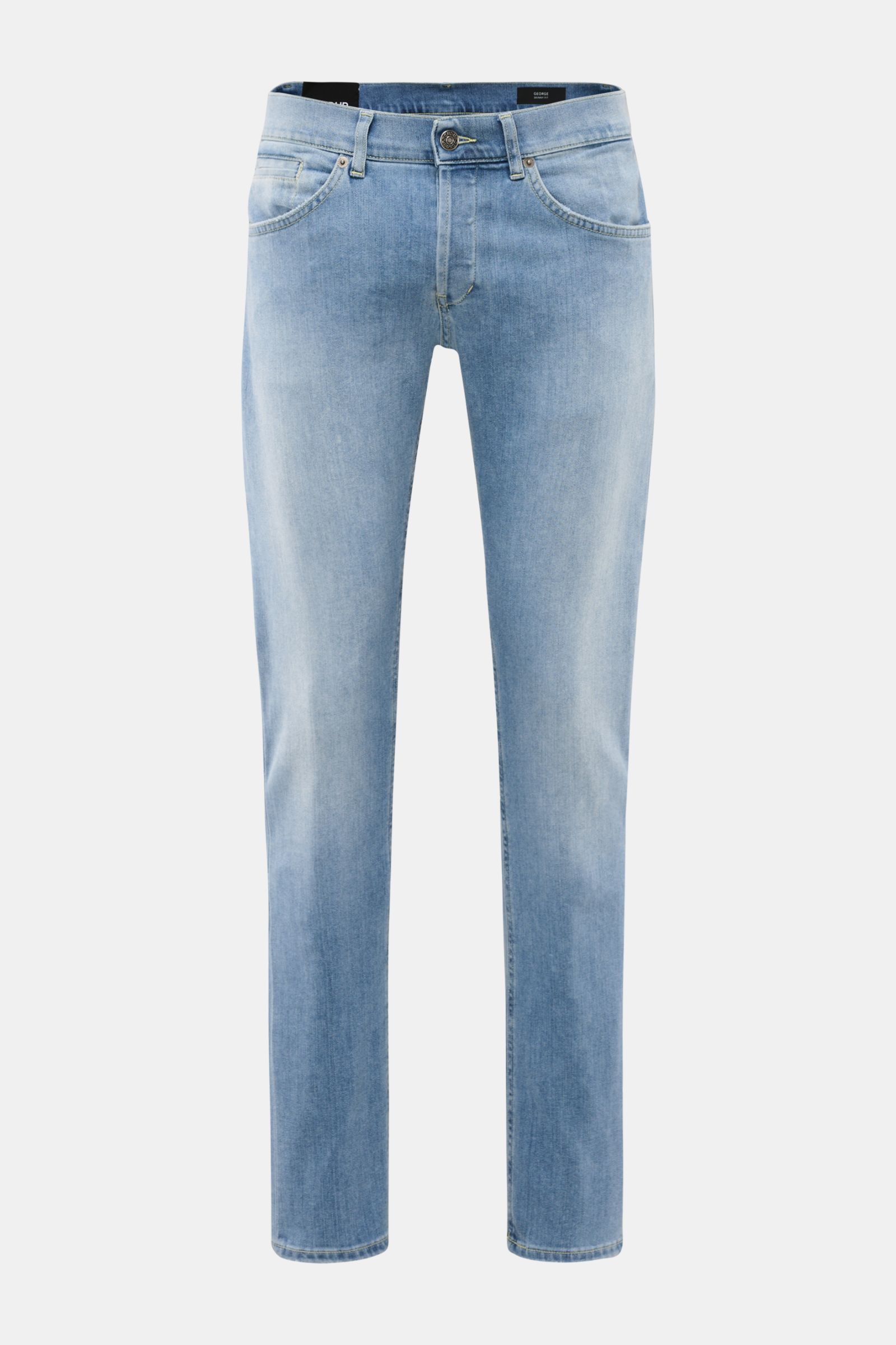 Dondup Jeans 'George' rauchblau, Vorderansicht, Skinny Fit, elastischer Denim mit authentischer Used-Waschung, niedrige Bundhöhe, Five-Pocket-Stil.