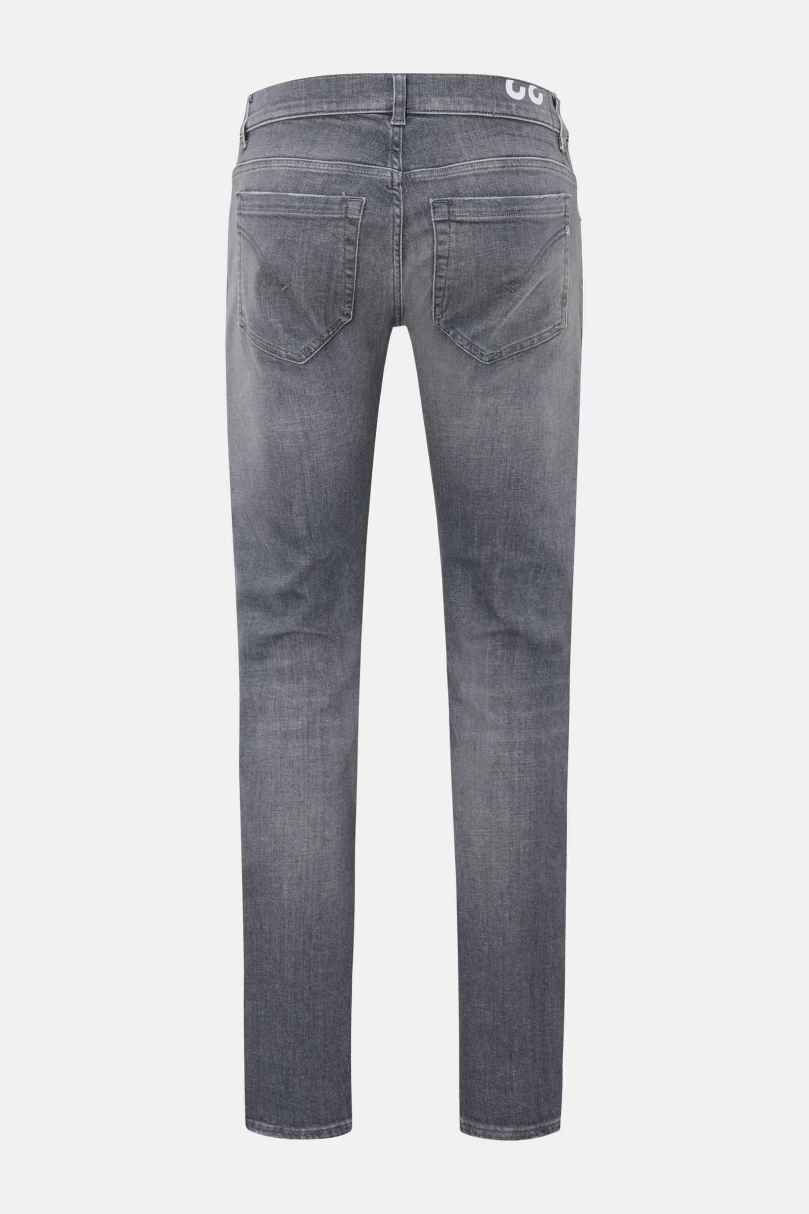Dondup Jeans 'George' dunkelgrau in Skinny Fit, elastischer Baumwolle, authentische Used-Waschung, Rückenansicht mit Gesäßtaschen und niedrigem Bund.