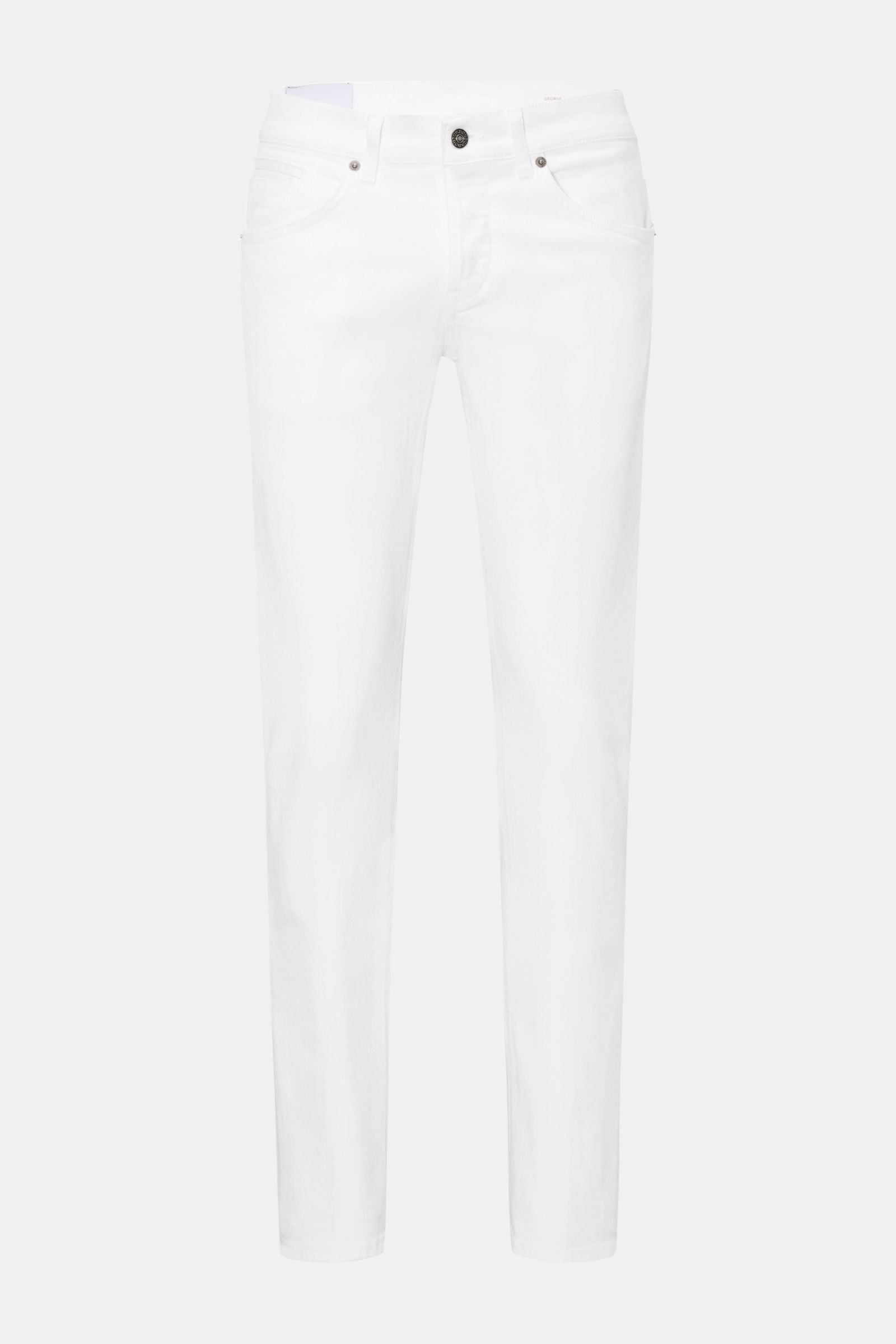 Dondup Jeans 'George' offwhite, Frontansicht, Skinny Fit aus elastischer Baumwolle mit niedrigem Bund, Button Fly, Five-Pocket-Stil und weichem Griff.