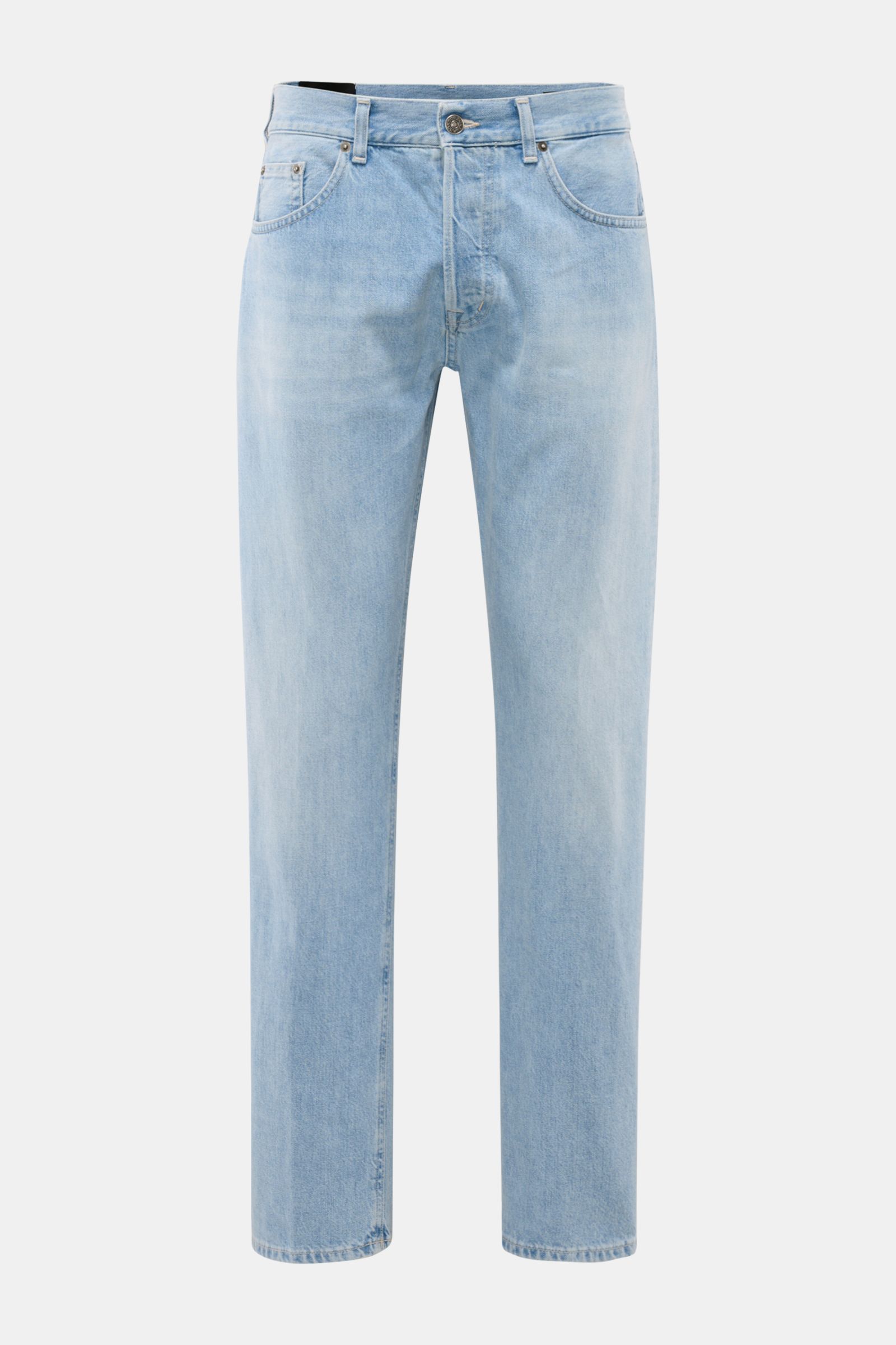 Dondup Jeans 'Bray' hellblau im Regular Fit, frontale Ansicht mit authentischer Used-Waschung, Distressed-Details, Button Fly und Five-Pocket-Stil.