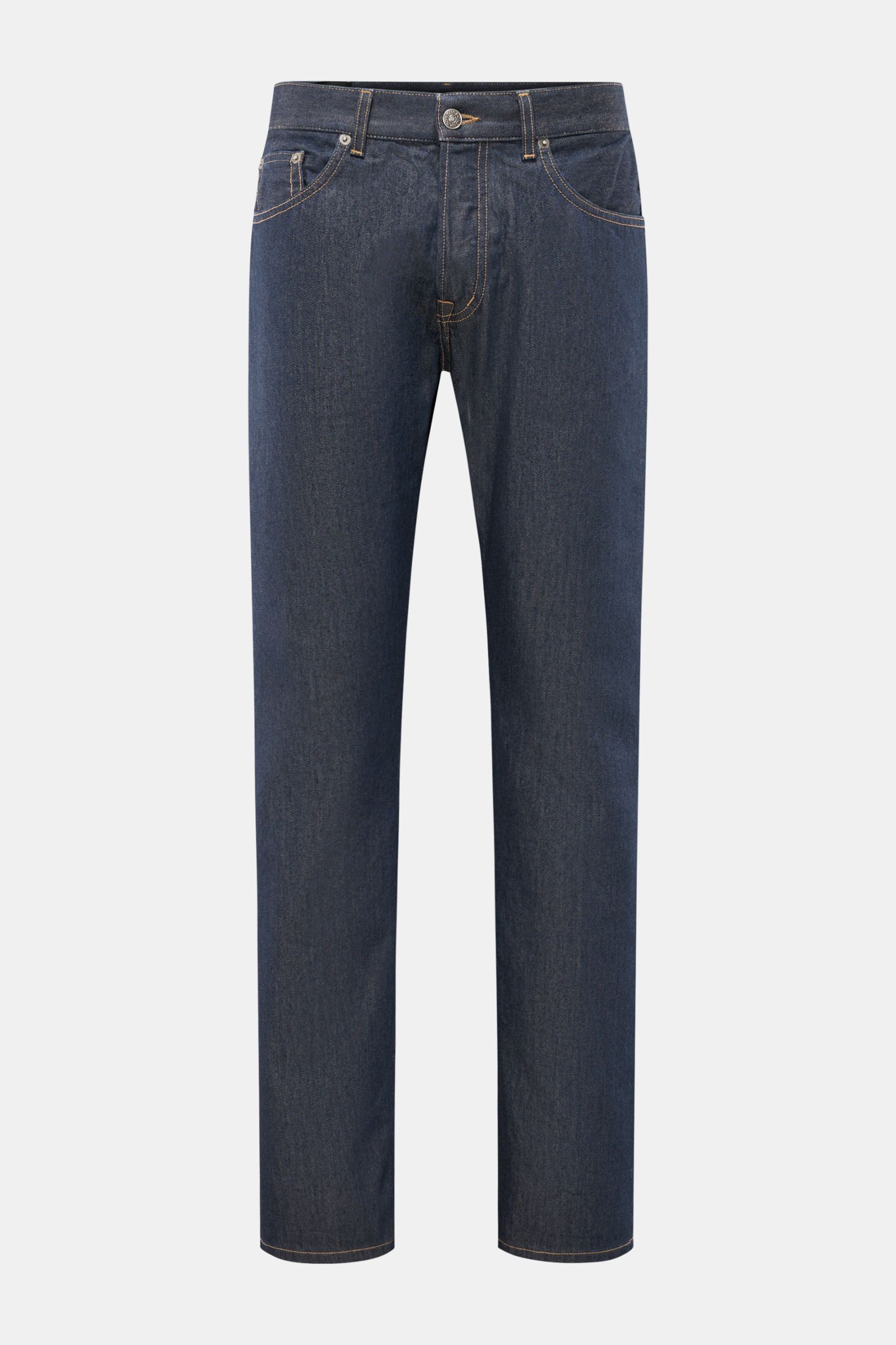 Dondup Jeans 'Bray' navy, frontale Aufnahme, Regular Fit aus reiner Baumwolle mit Button Fly, Five-Pocket-Stil, Metall-Initial und innenliegendem Weblabel, leicht griffige Haptik.