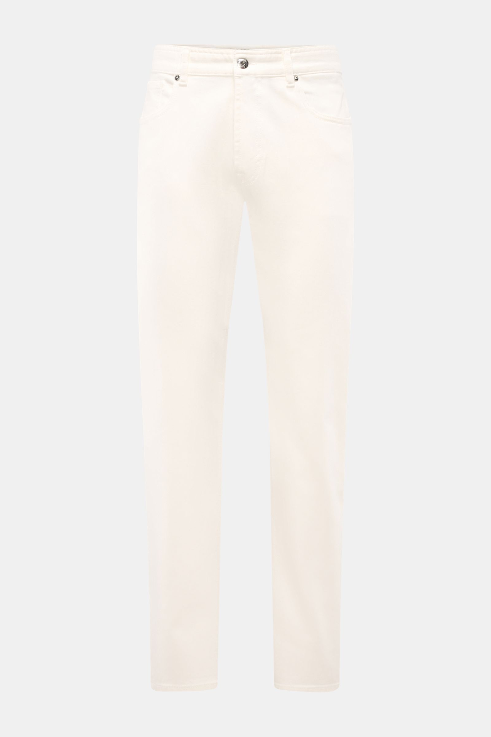 Front view of Moorer Jeans 'Milton' off-white in stretchy cotton denim with a soft feel, subtle used wash, regular straight cut fit, button fly, five-pocket style, coin pocket with embroidered logo, back pockets with stitching, and leather patch, perfect 