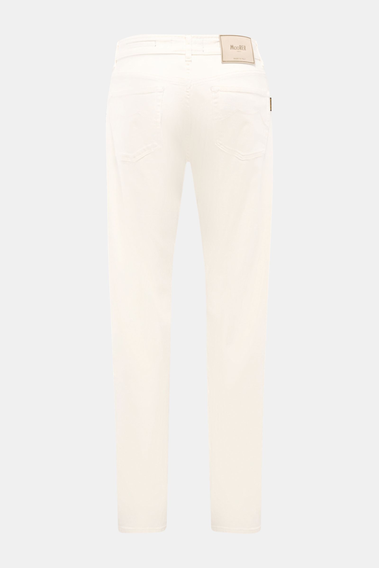 Moorer Jeans 'Milton' off-white shown from the back, casual stretchy cotton denim with soft feel, subtle used wash, regular fit, straight cut, button fly, five-pocket style including coin pocket with embroidered logo, back pockets with stitching, and leat