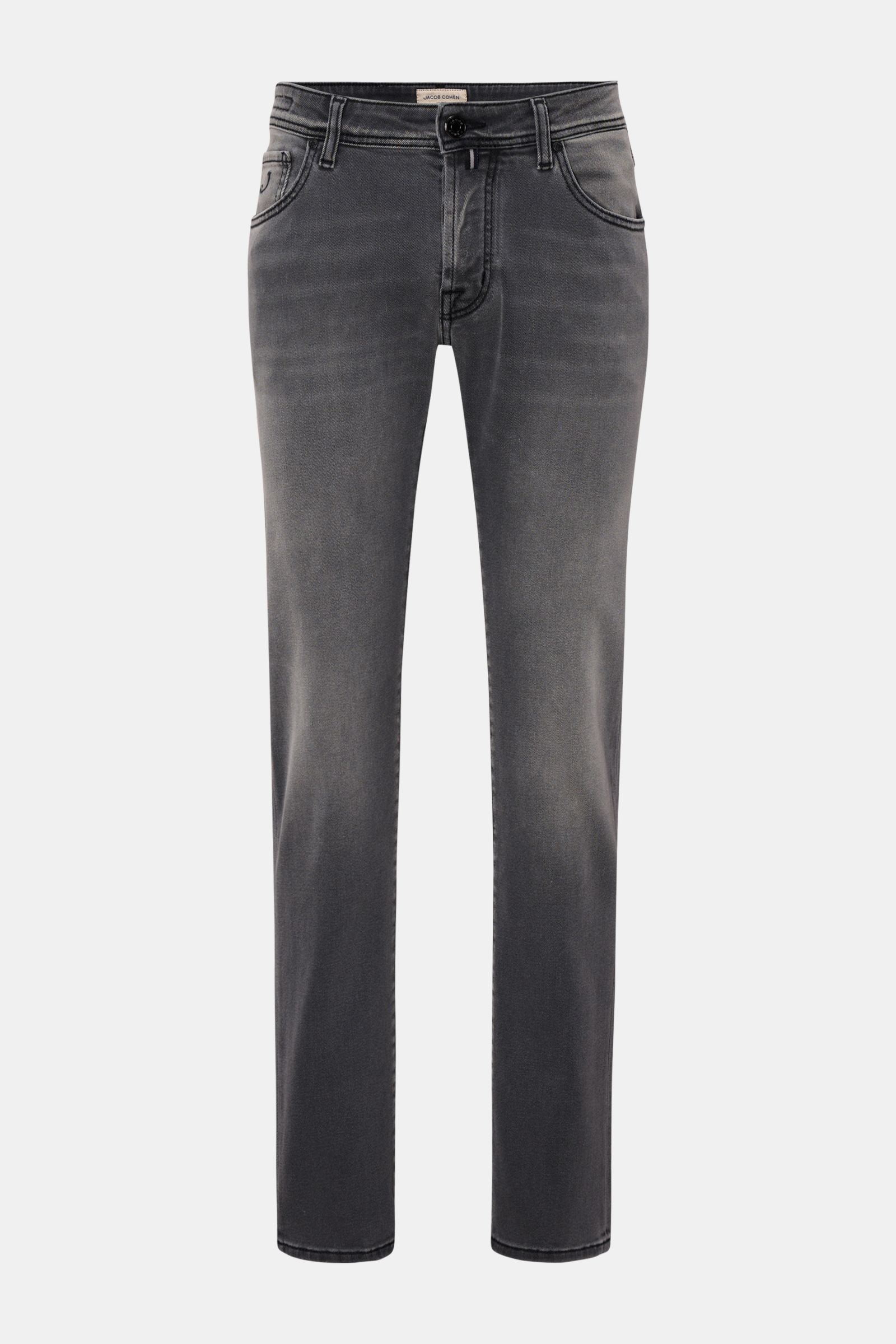 Front view of Jacob Cohen Jeans 'Nick' grey, slim fit tapered cut denim made of cotton and microfiber, elasticated fabric, soft feel, subtle used wash, button fly, five-pocket style with coin pocket initial, back pockets with stitching, leather patch in p