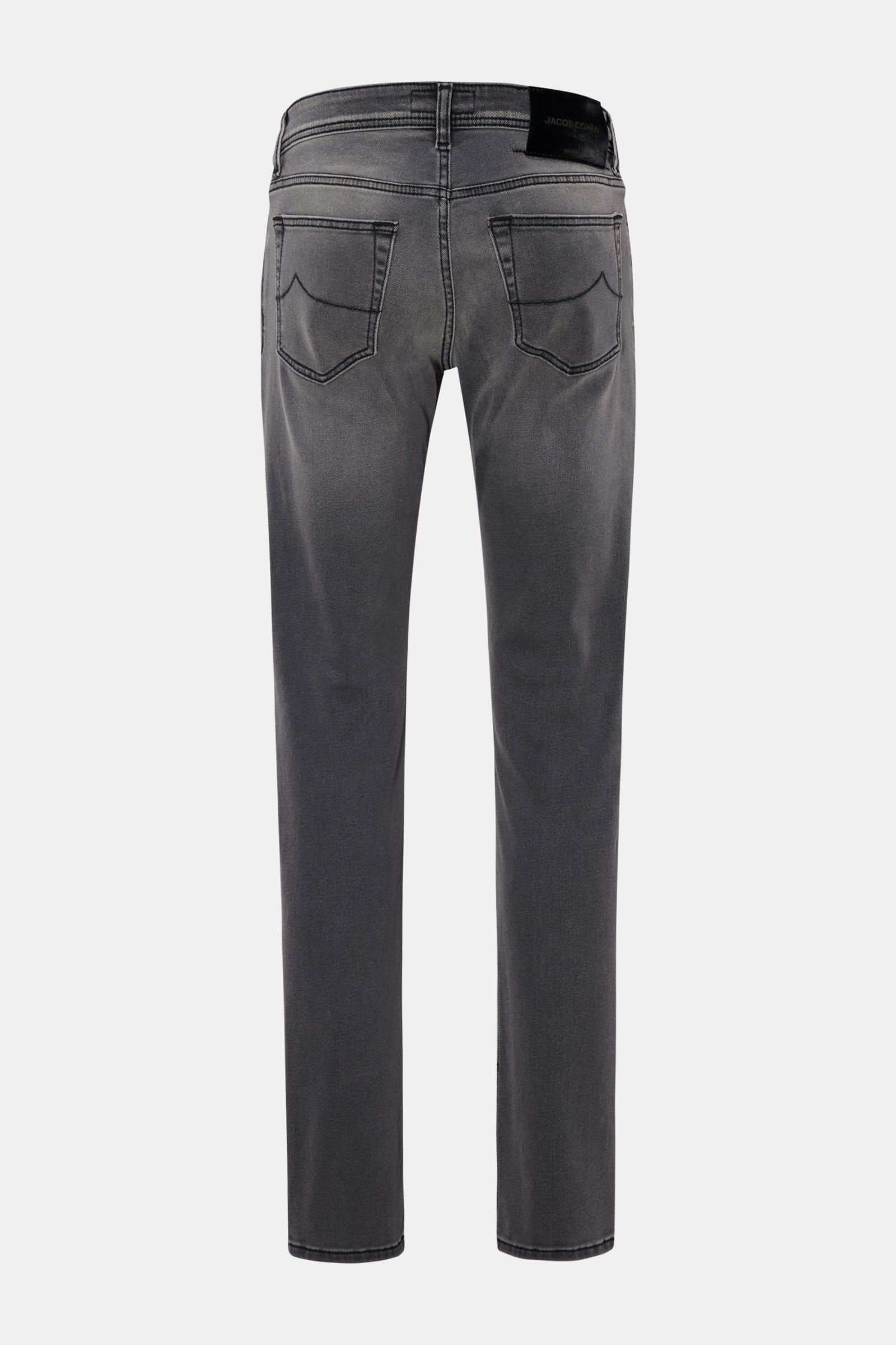 Rear view of Jacob Cohen Jeans 'Nick' grey in slim fit, tapered cut denim made of cotton and microfibre with elasticated fabric, soft feel, subtle used wash, button fly, five-pocket style including coin pocket with initial, back pockets with stitching, an