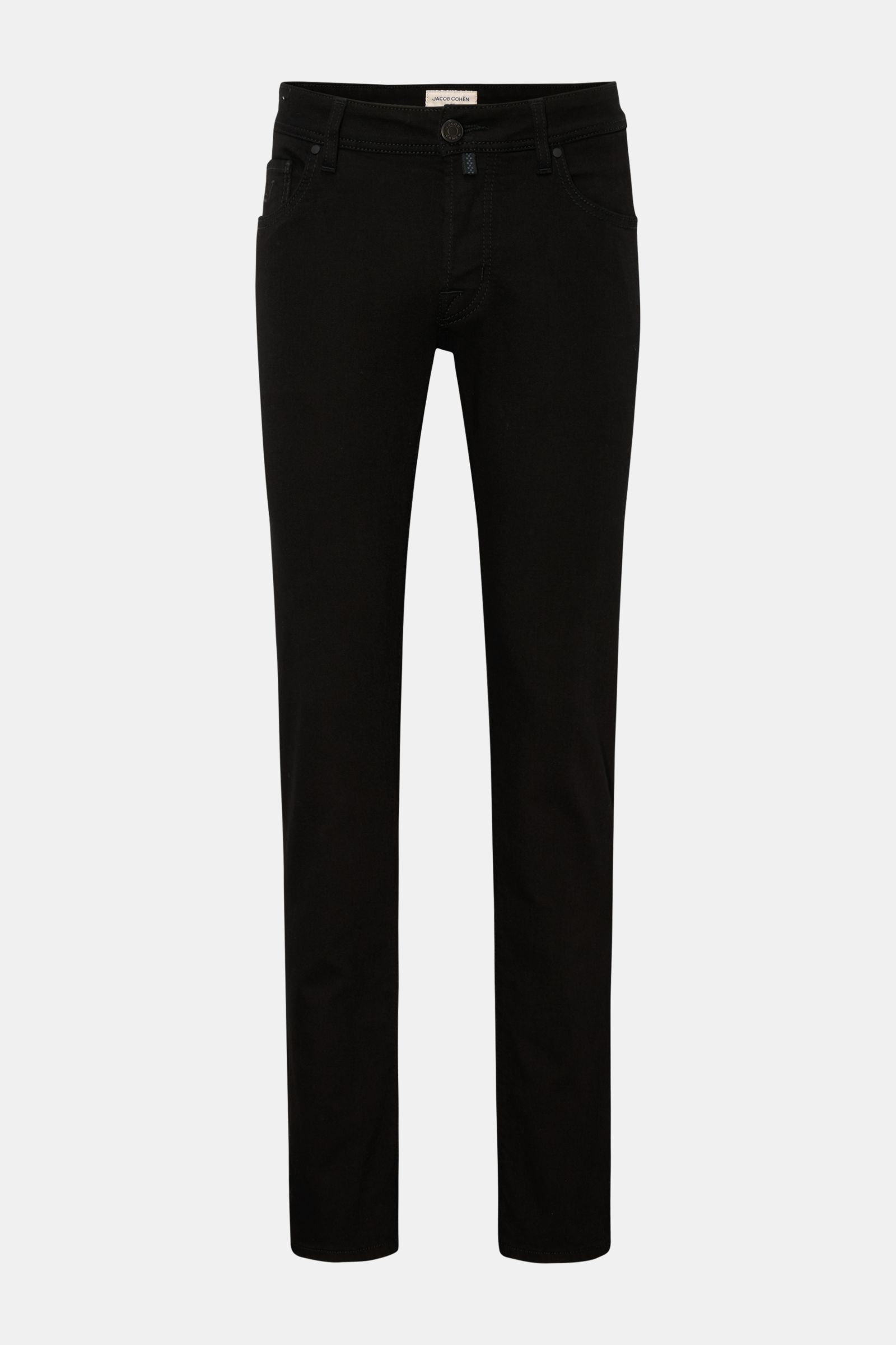 Front view of Jacob Cohen Jeans 'Nick' black, slim fit with tapered cut, button fly, elasticated cotton and microfiber denim, soft feel, five-pocket style including coin pocket with initial, back pockets with stitching, and leather patch in pony skin look