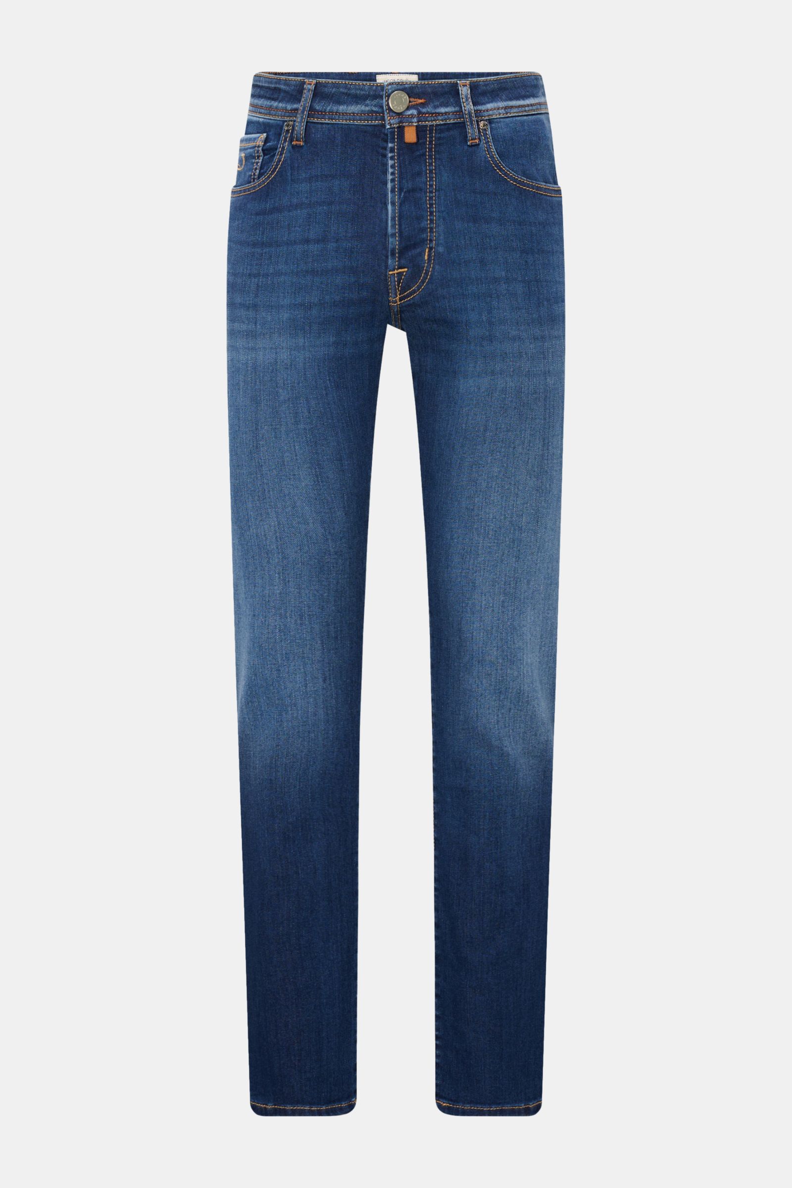 Front view of Jacob Cohen Jeans 'Bard' blau, slim fit blue denim with soft elastic cotton, subtle used wash, button fly, five-pocket style, coin pocket with initial, stitched back pockets, and signature ponyhair leather patch.