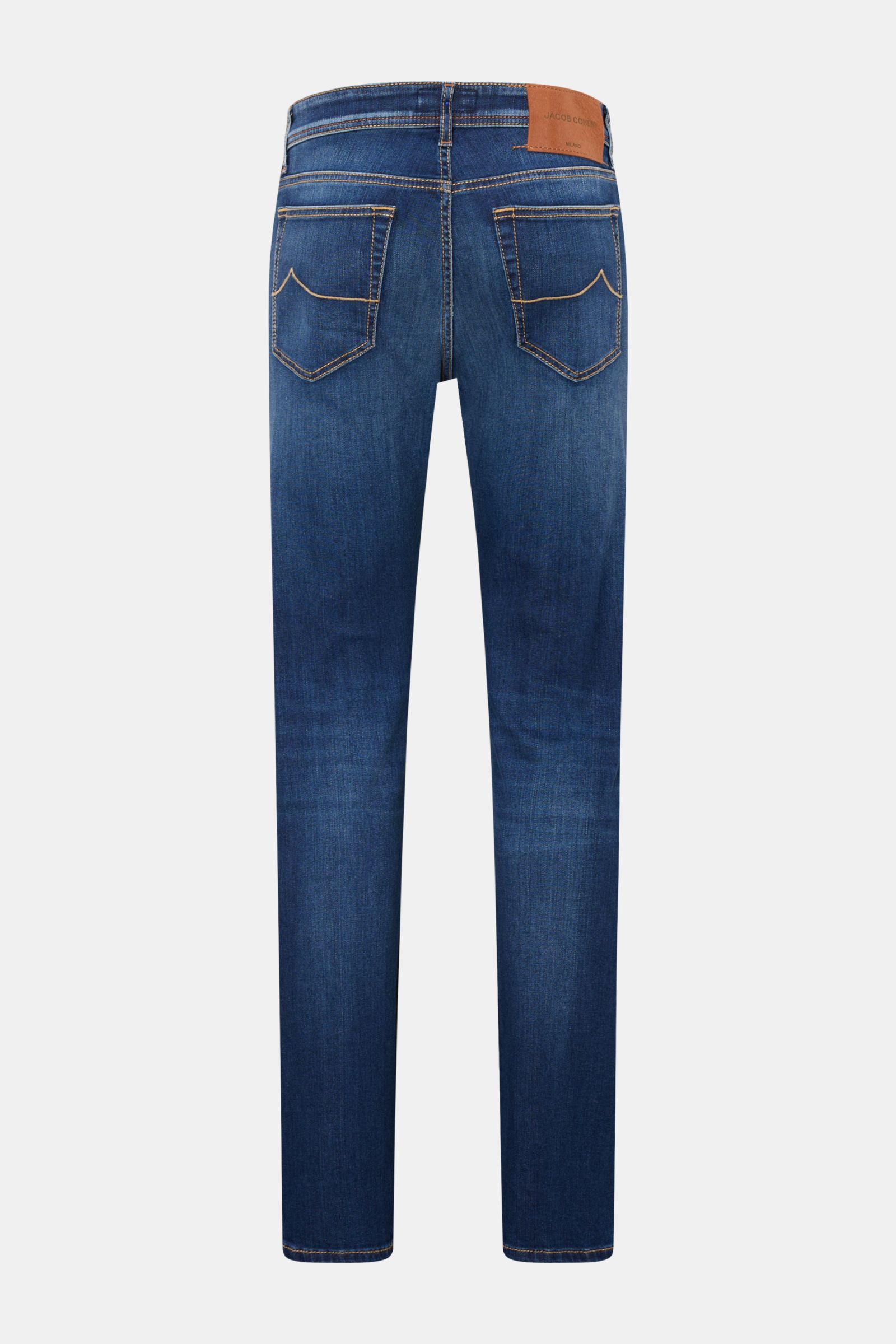 Back view of Jacob Cohen Jeans 'Bard' blau in soft, elastic cotton denim with subtle used wash, slim fit, button fly, and leather patch.