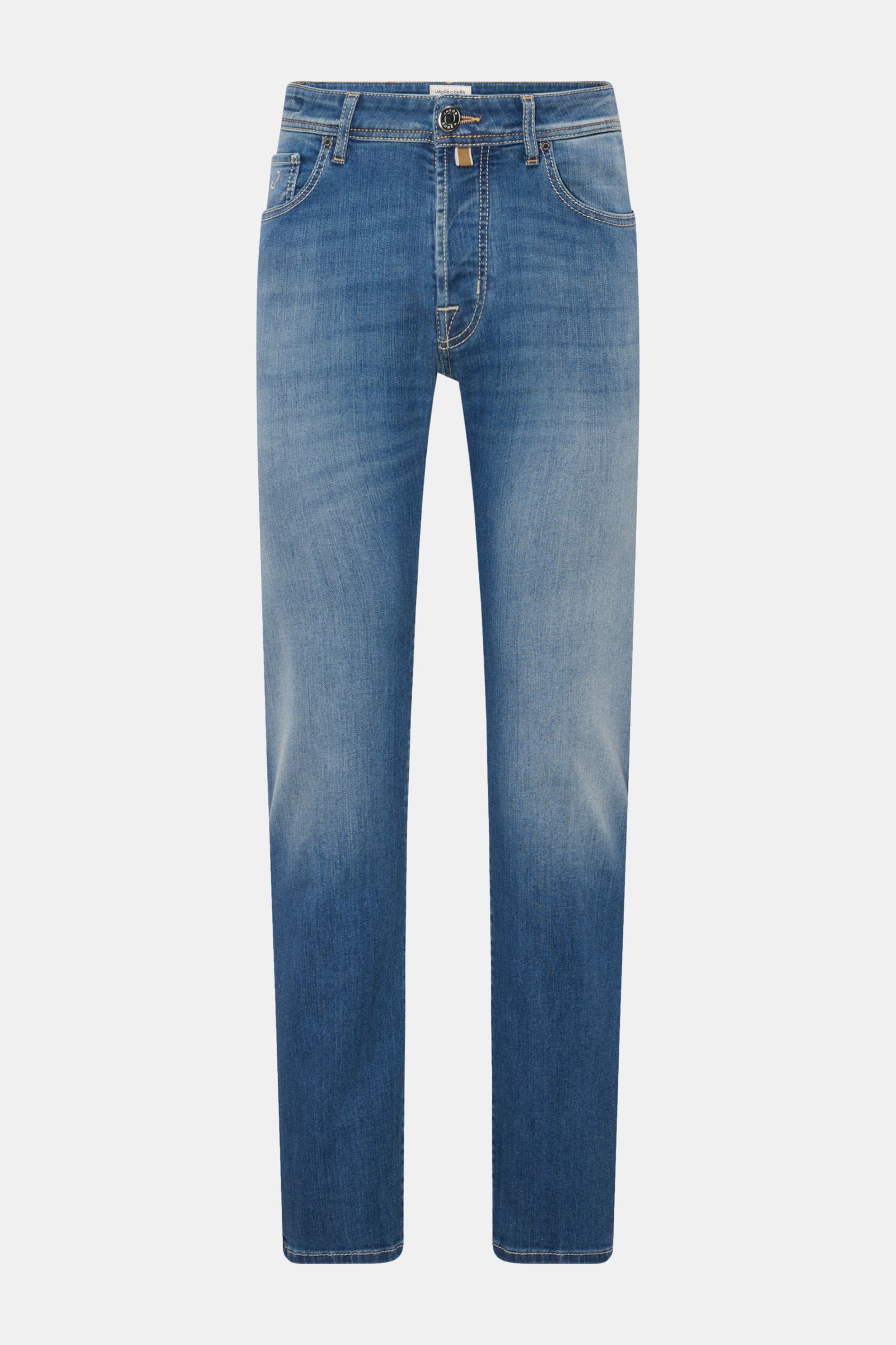 Front view of Jacob Cohen Jeans 'Bard' rauchblau in slim fit with elastic soft cotton denim, subtle used wash, button fly, five-pocket style, and leather patch.