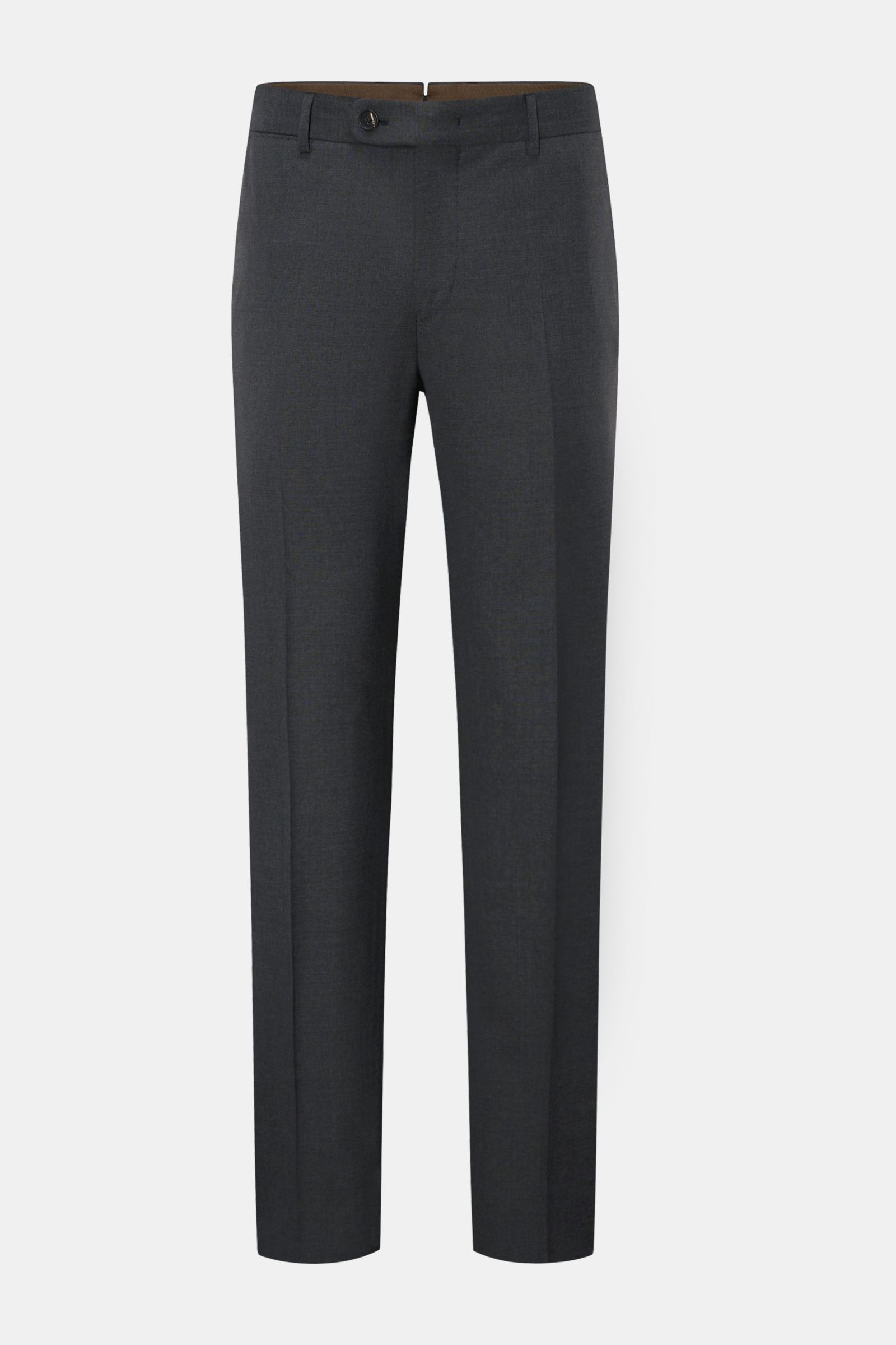 Front view of Windsor Wool trousers 'Bene' dark grey mottled, classic men's wool poplin trousers with elasticated fabric, single pleat, French pockets, small watch pocket, back pockets with button, zip and waist buttons, regular fit, slightly tapered cut,