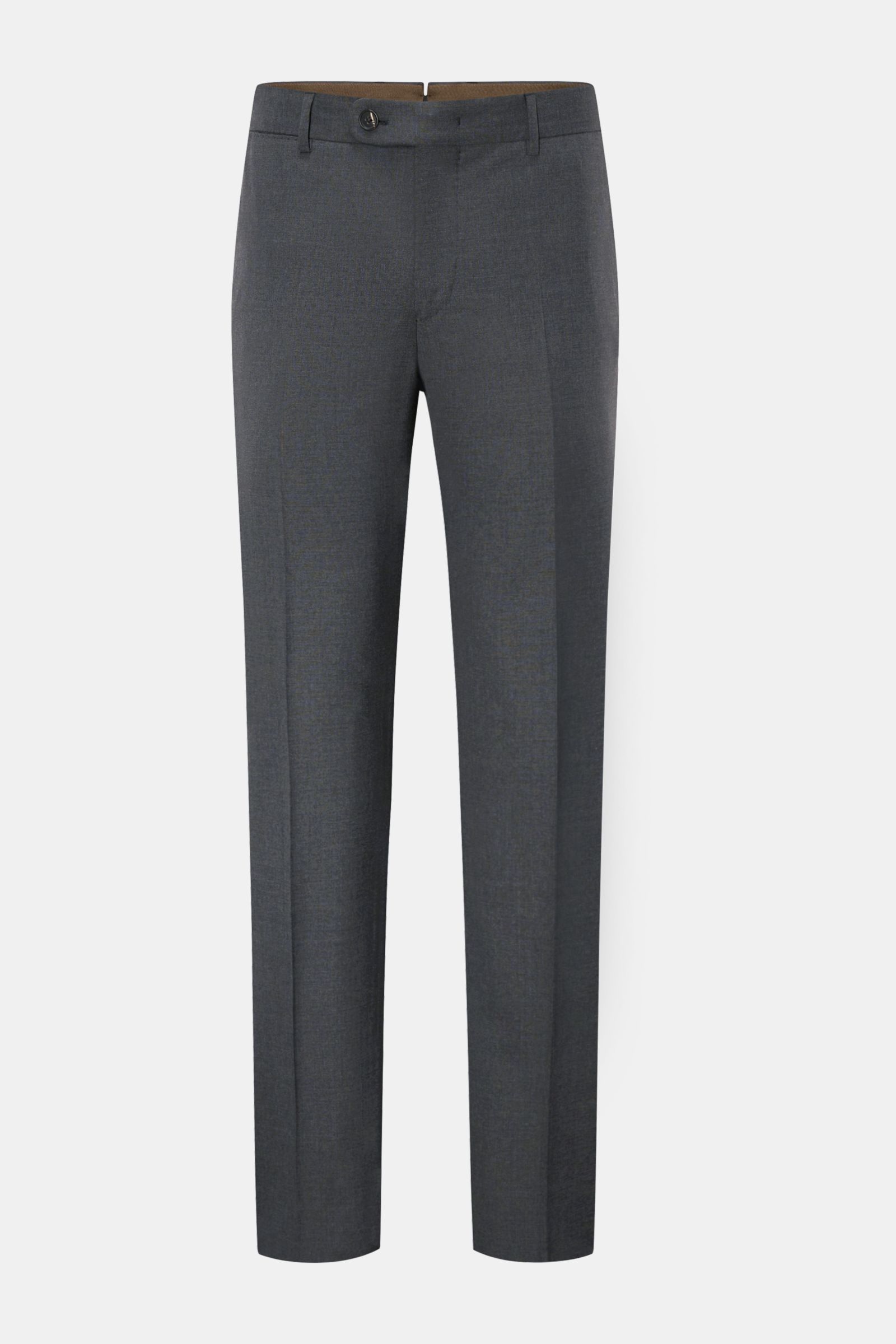 Front view of Windsor Wool trousers 'Bene' dark grey mottled, classic men's wool poplin trousers with elasticated fabric, regular fit, slightly tapered cut, zip and waist buttons, single pleat, French pockets, small watch pocket, and back pockets with but