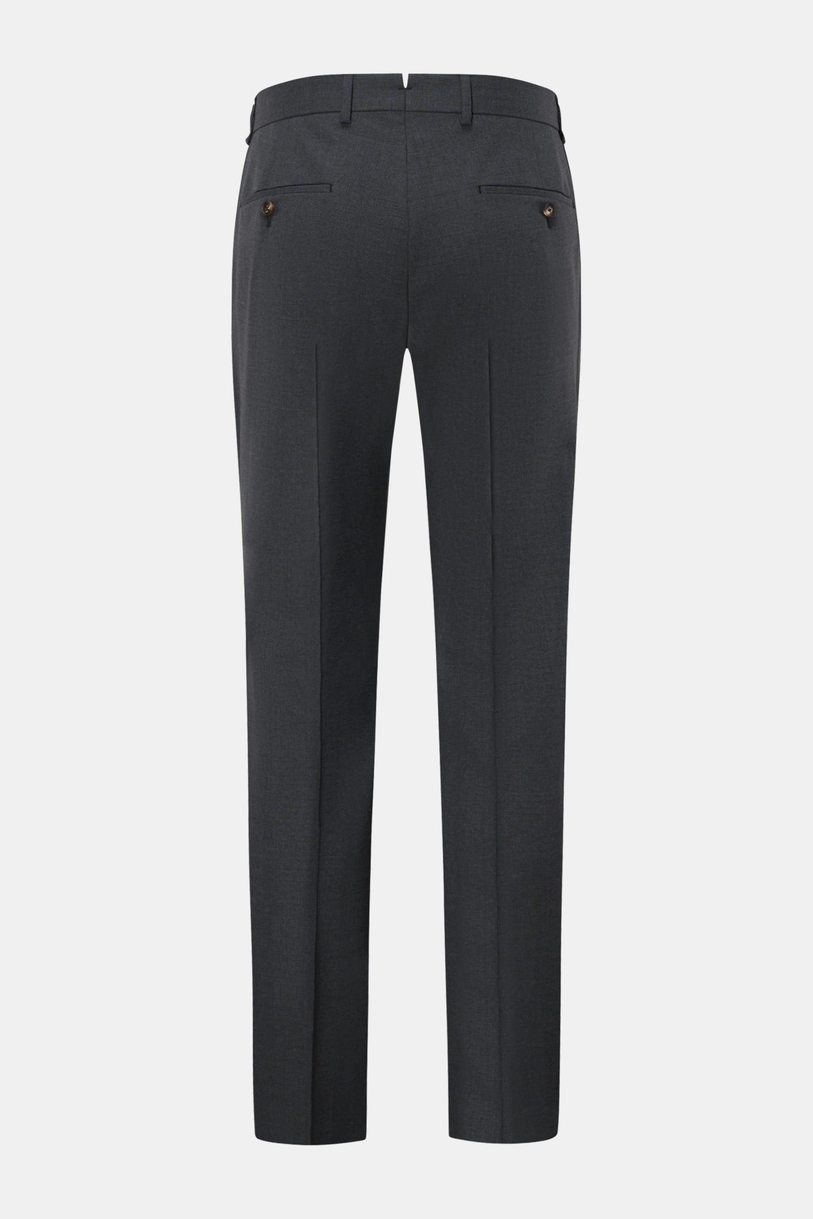 Windsor Wool trousers 'Bene' dark grey mottled shown from the back, classic men's wool poplin trousers with single pleat, French pockets, and buttoned back pockets. 

A classic pair of men’s trousers: with the model 'Bene', label WINDSOR has created a 