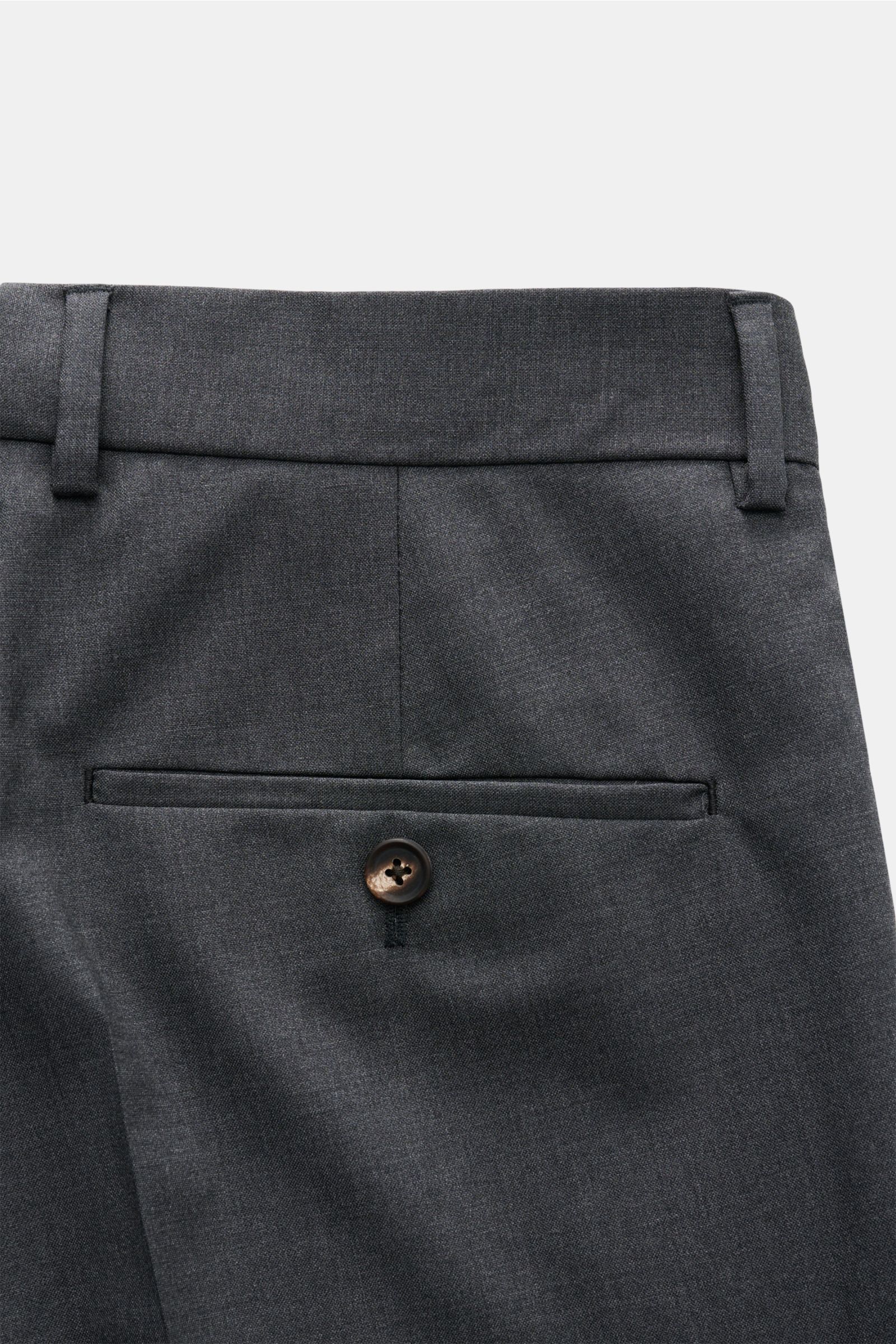 Close-up rear view of Windsor Wool trousers 'Bene' dark grey mottled showing back pocket with button, belt loops, and fine wool fabric texture. A classic pair of men’s trousers: with the model 'Bene', label WINDSOR has created a perfect versatile all-roun