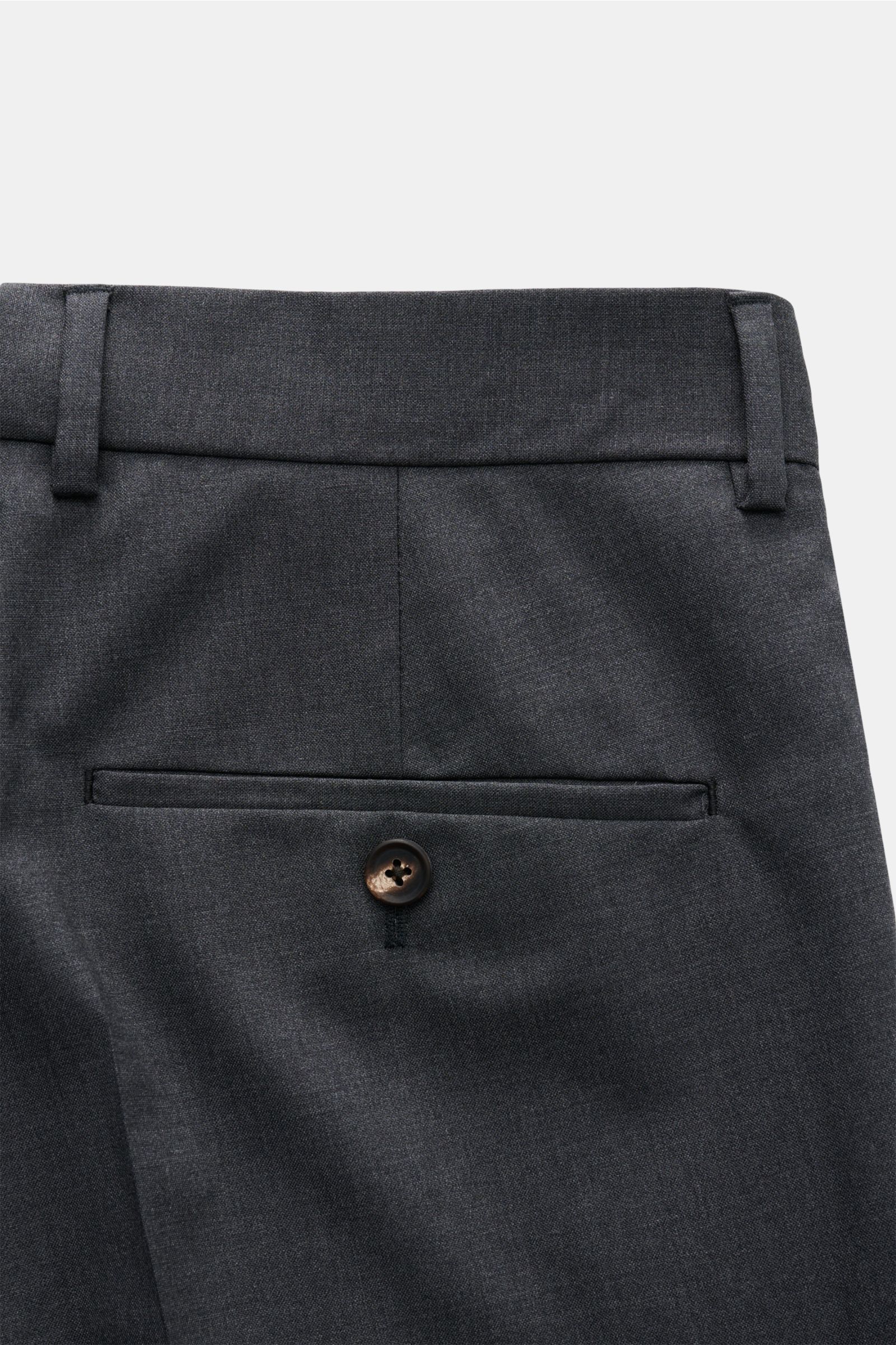 Close-up rear view of Windsor Wool trousers 'Bene' dark grey mottled showing back pocket with button, belt loops, and fine wool fabric.