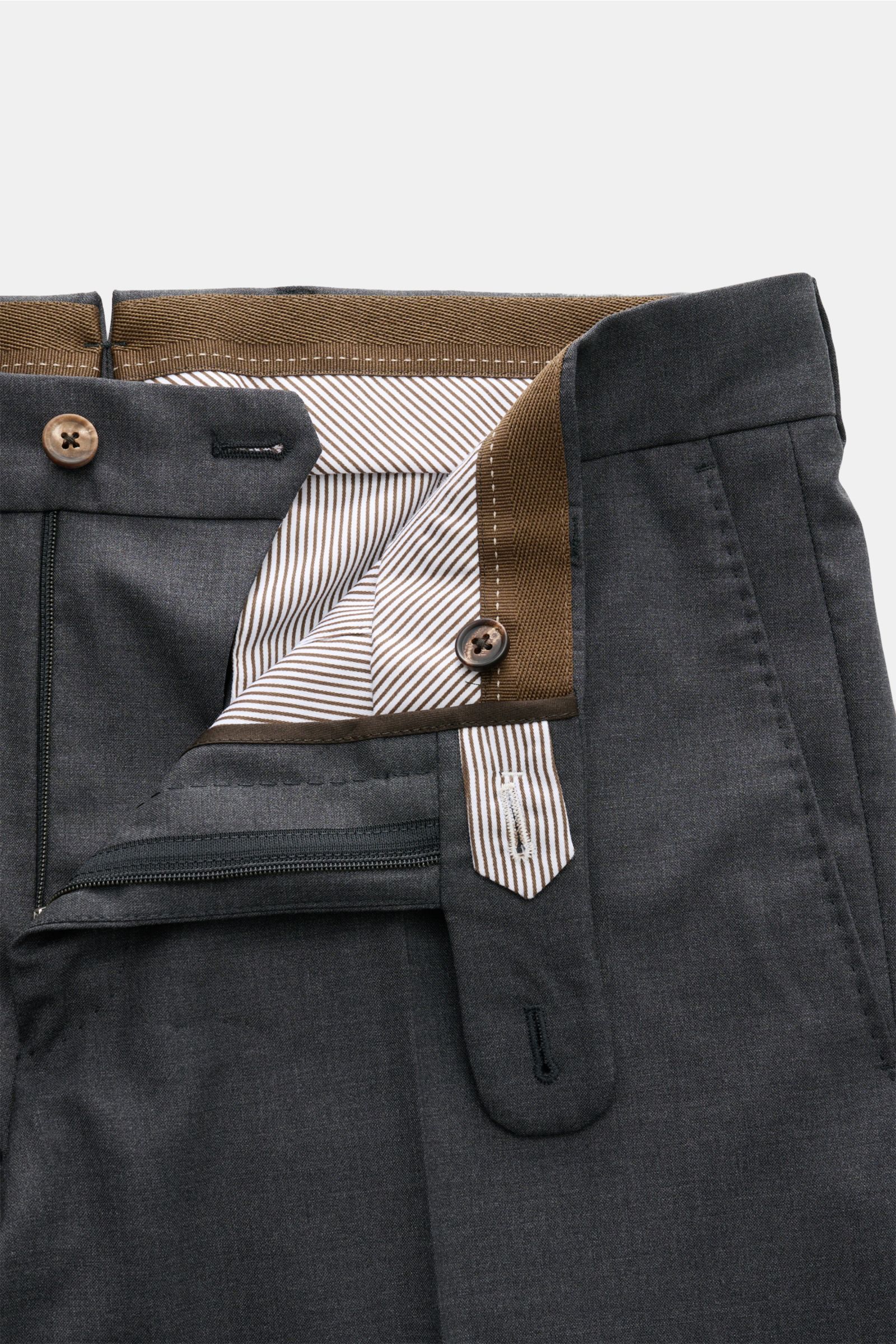 Close-up front view of Windsor Wool trousers 'Bene' dark grey mottled, showing zip, buttons, striped inner lining, and single pleat detail.