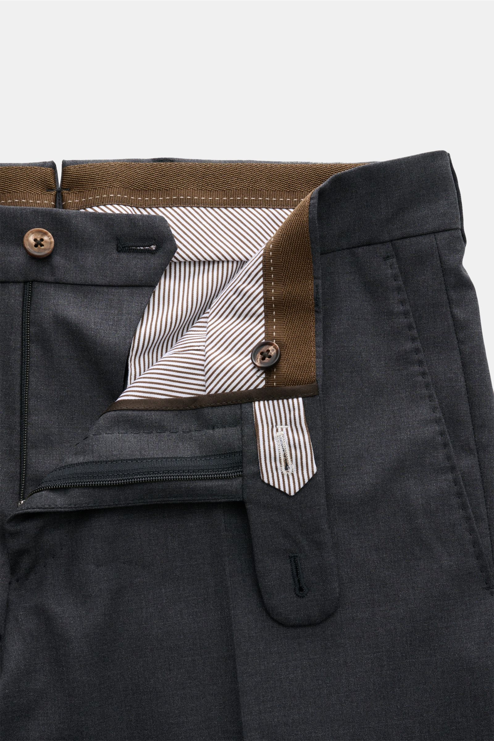 Windsor Wool trousers 'Bene' dark grey mottled shown from close-up top-front with open waistband, zip, buttons, and striped inner lining.