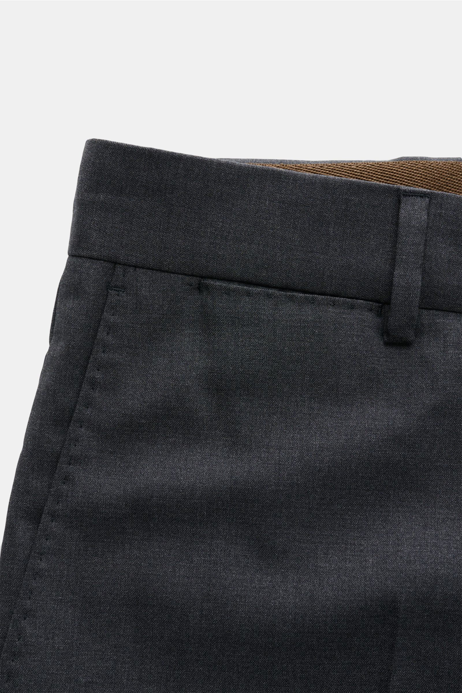 Close-up front view of Windsor Wool trousers 'Bene' dark grey mottled, classic men’s wool poplin trousers with elasticated fabric, zip and waist buttons, single pleat, French pockets, small watch pocket, and back pockets with button, showing smooth feel a