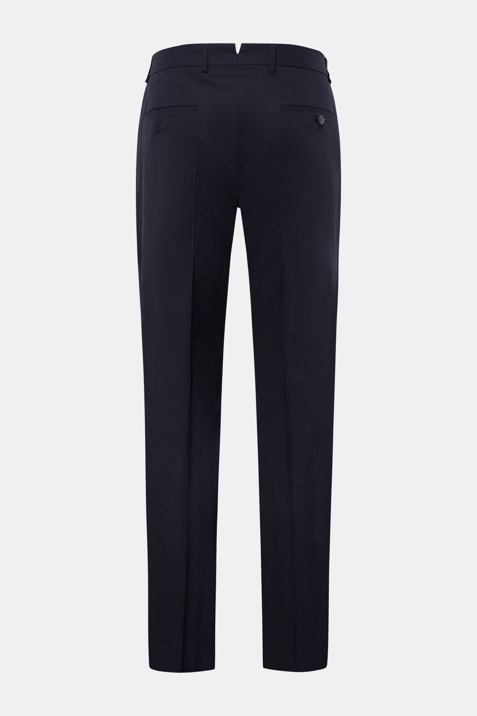 Windsor Wollhose 'Bene' navy, Rückansicht, aus elastischer Wolle mit Regular Fit, französischen Taschen, Knopf-Gesäßtaschen und Bundfalte.