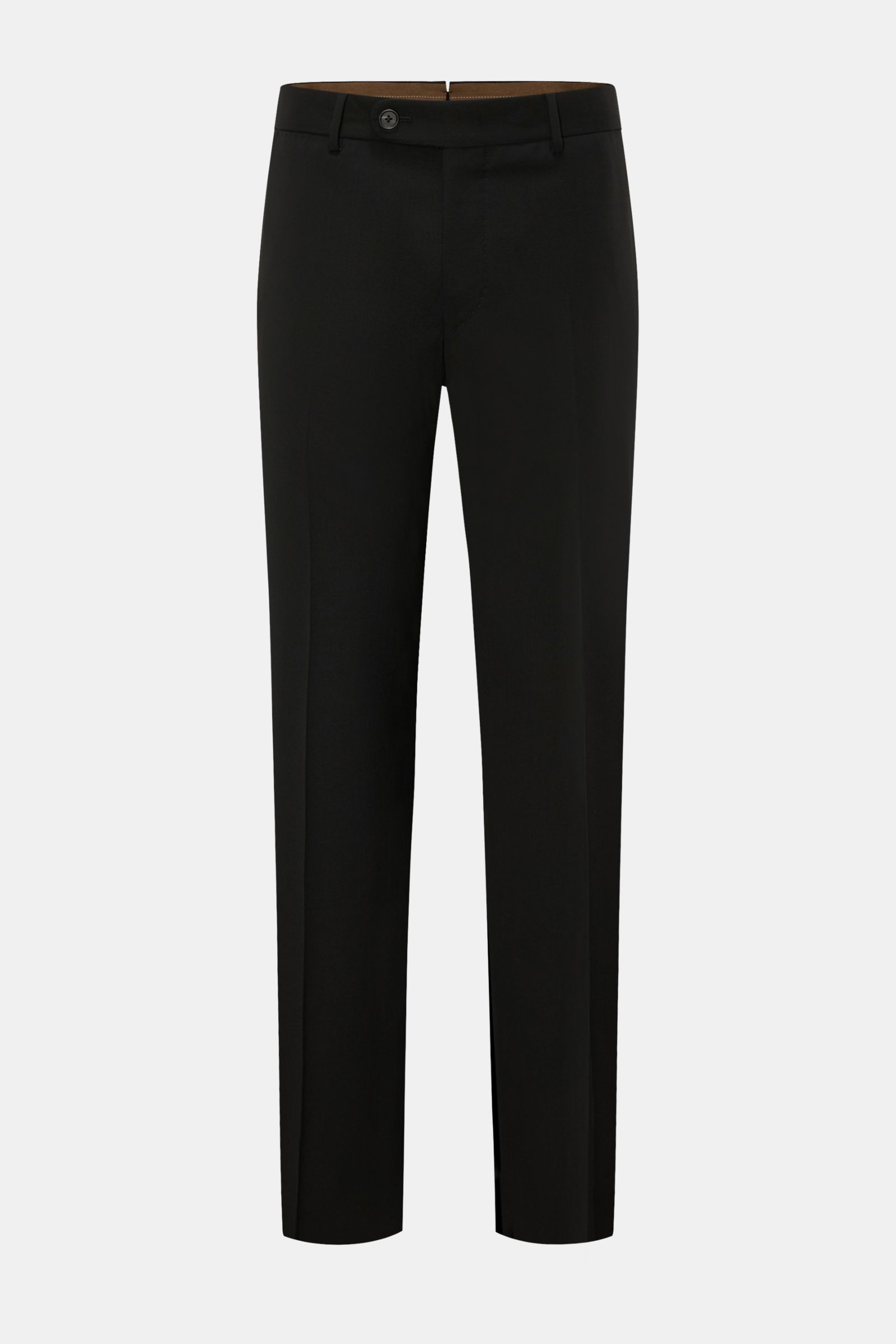 Frontale Aufnahme der Windsor Wollhose 'Bene' schwarz aus elastischer Wolle mit Regular Fit, Bundfalte, französischen Taschen und Knopfverschluss.