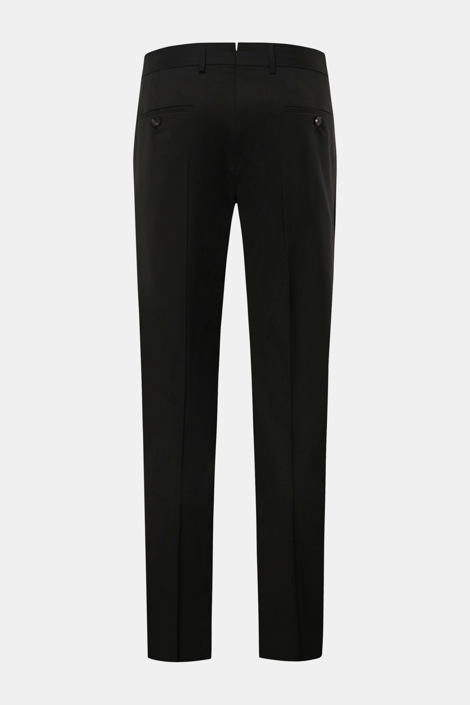 Windsor Wollhose 'Bene' schwarz, Rückansicht, Popeline aus Wolle, elastisch, Regular Fit, schmal zulaufend, Bundfalte, französische Taschen, Knöpfe.