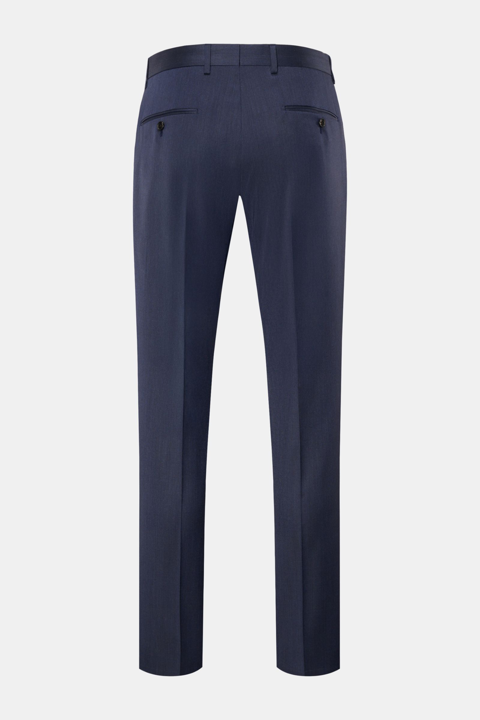 Windsor Wollhose 'Sole' graublau shown from the back, made of fine wool twill with a smooth touch, regular fit, slightly tapered legs, zipper and hook closure, French pockets, buttoned back pockets, and open length. 

Für einen souveränen Auftritt: mit