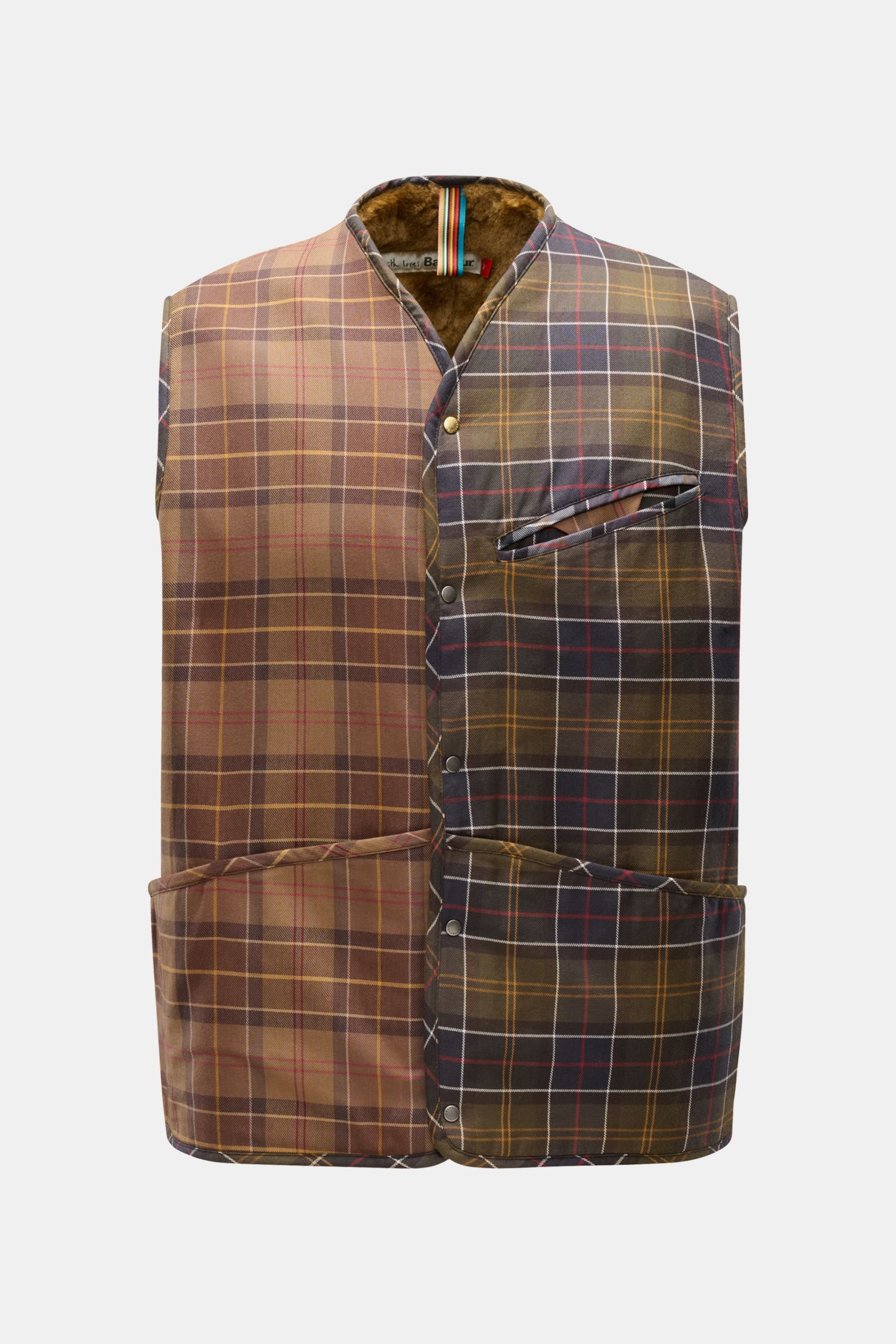 Barbour Weste 'Liner' oliv/braun/rot kariert, frontale Nahaufnahme, Twill Baumwolle, Regular Fit, Druckknopfleiste, Webpelz-Innenfutter.