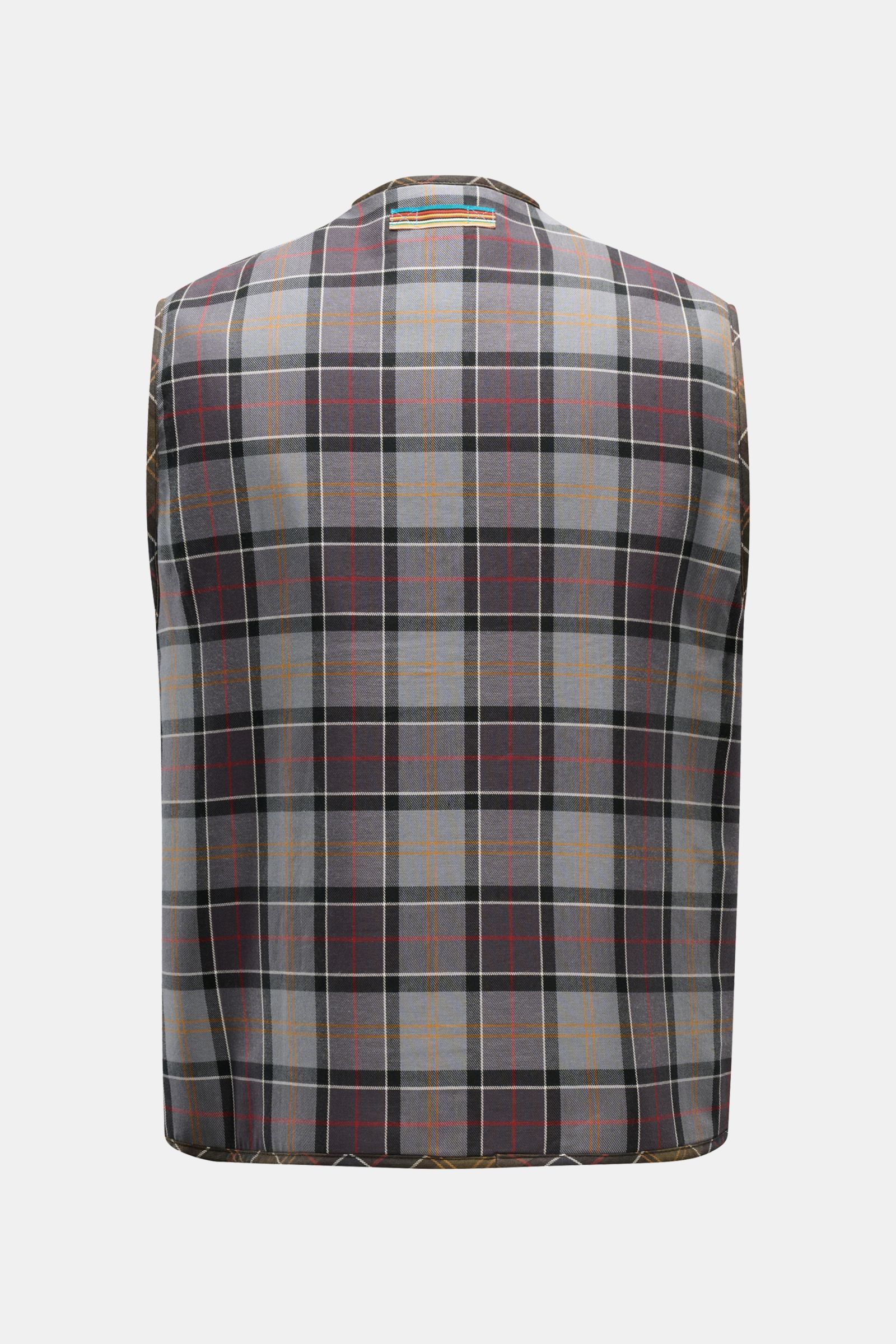 Barbour Weste 'Liner' oliv/braun/rot kariert, Rückansicht, Regular Fit, Baumwoll-Twill, Druckknopfleiste, Webpelz-Innenfutter, Brust- und Hüfttaschen.
