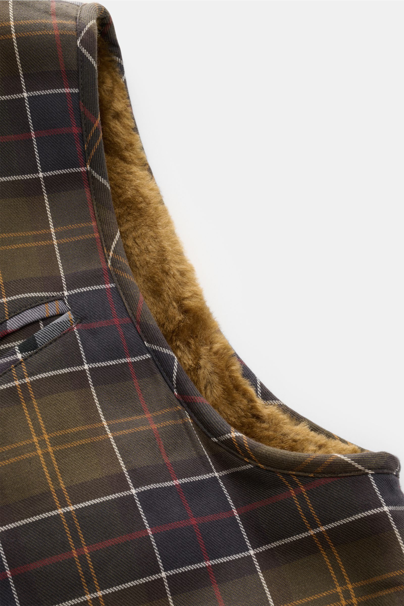 Barbour Weste 'Liner' oliv/braun/rot kariert im Tartan-Look, Nahaufnahme seitlich, Webpelz-Innenseite, Baumwoll-Twill, Regular Fit.