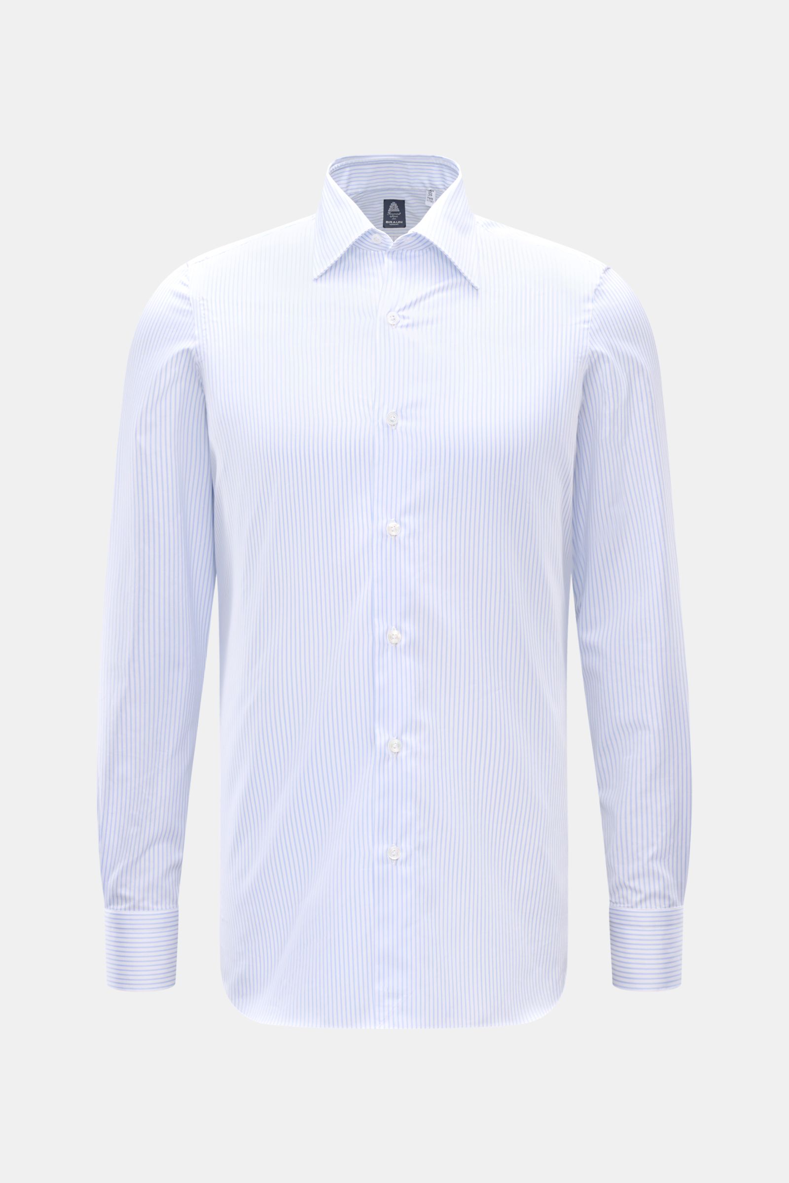 Front view of the Finamore Business shirt 'Rodi Napoli' Kent collar light blue/white striped, fine cotton gabardine, smooth feel, slim fit, extra-long sleeves, French button placket, classic barrel cuffs, and rounded hem.