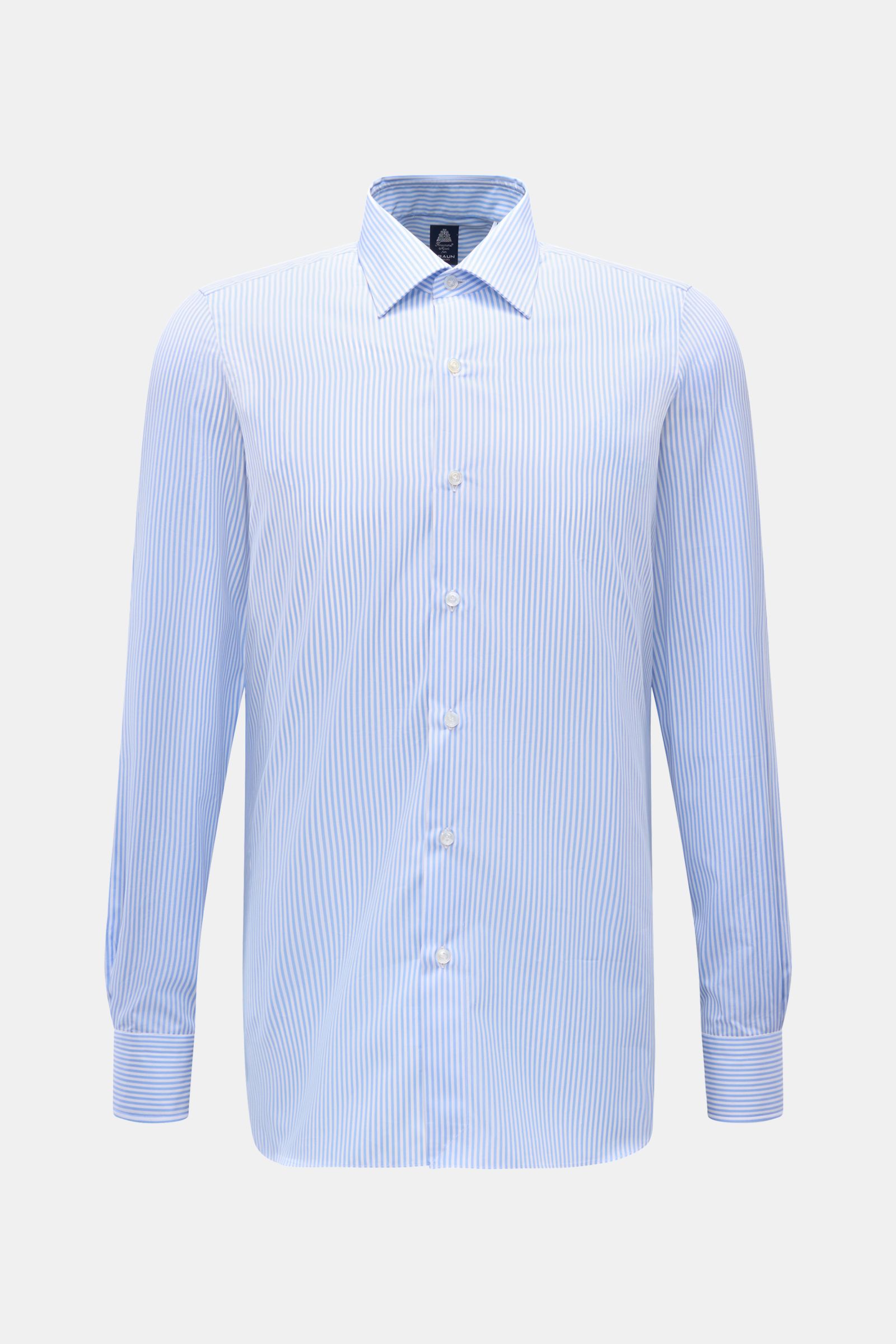 Front view of Finamore Business shirt 'Rodi Napoli' Kent collar light blue/white striped, slim fit cotton poplin with smooth feel, extra-long sleeves, French button placket, classic barrel cuffs, and rounded hem.