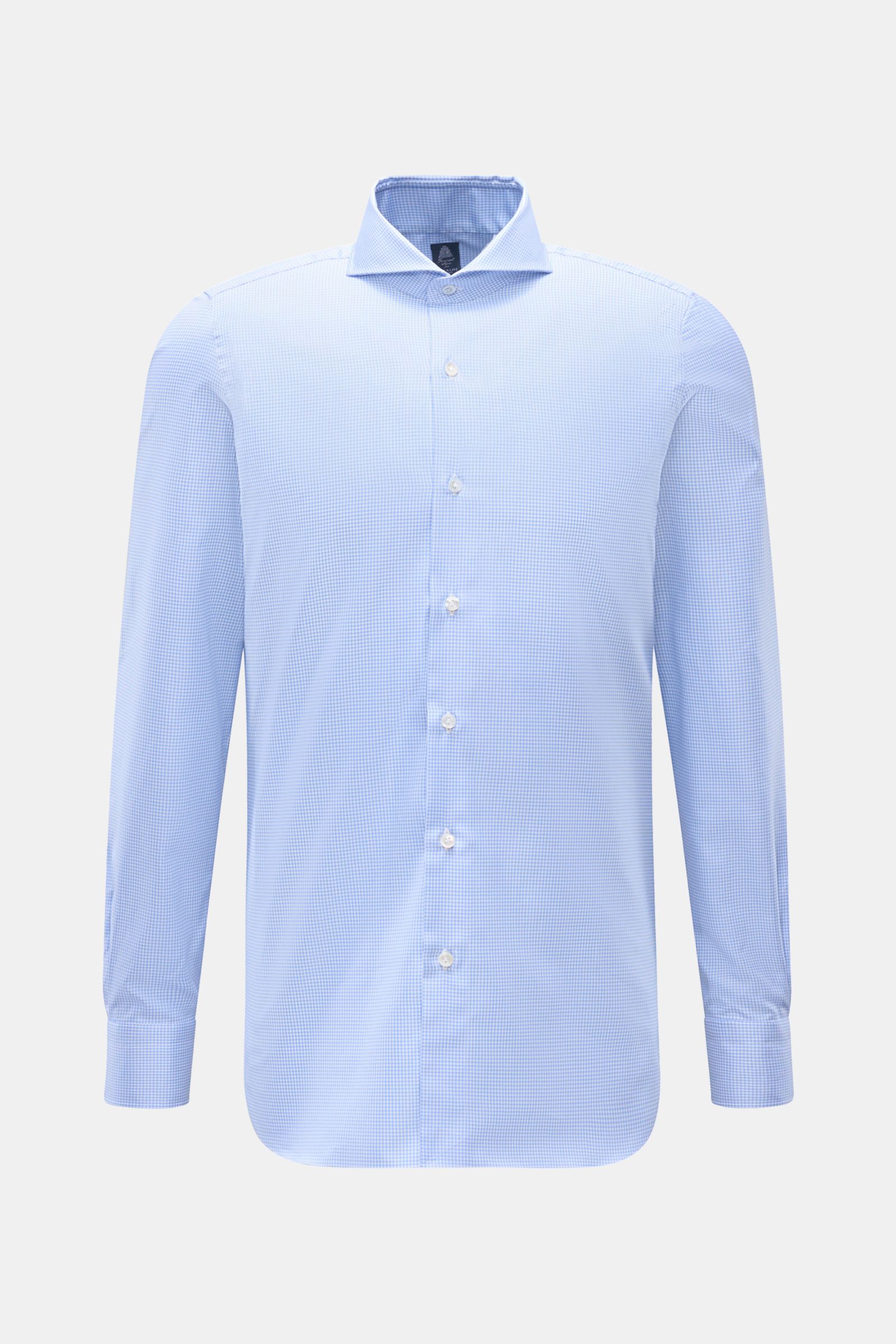 Frontale Aufnahme des Finamore Business Hemd 'Sergio Napoli' Haifisch-Kragen blau/weiß kariert mit Strukturgewebe aus reiner Baumwolle, Micro-Hahnentritt, leicht griffiger Haptik, Regular Fit, extralangen Ärmeln, französischer Knopfleiste, klassischer Spo