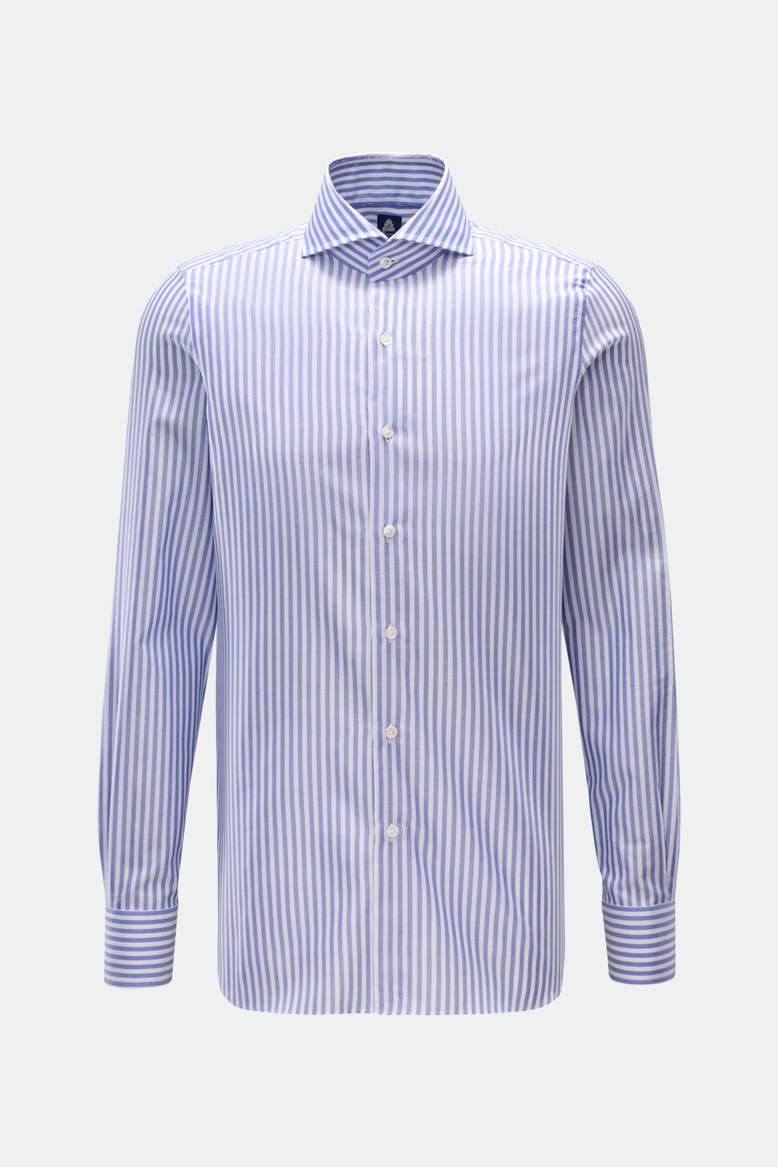 Front view of Finamore Business shirt 'Sergio Napoli' shark collar dark blue/white striped, pure cotton, soft smooth feel, slim fit, extra-long sleeves, French button placket, classic barrel cuffs, rounded hem.