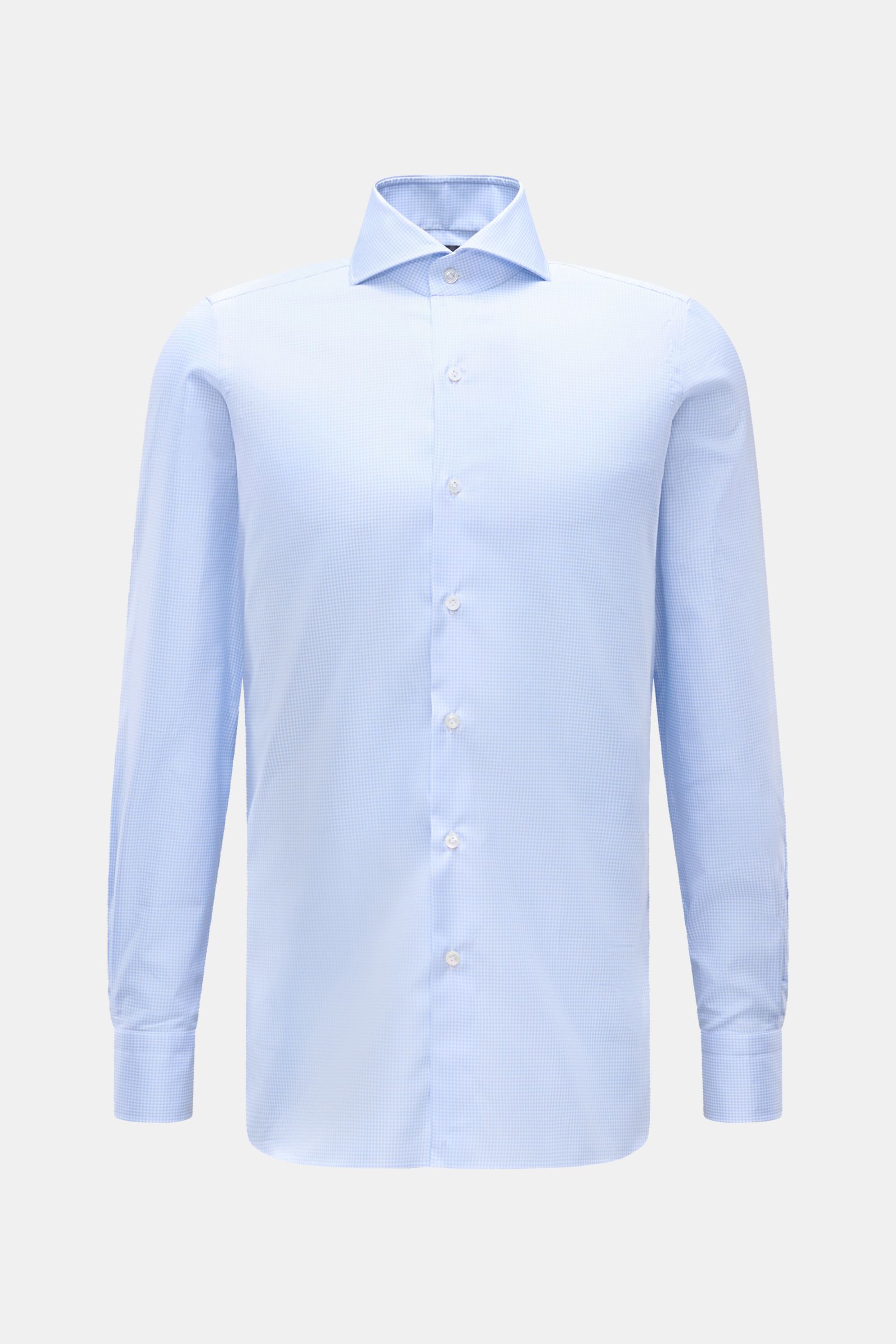Finamore Business Hemd 'Sergio Napoli' Haifisch-Kragen hellblau/weiß kariert, frontal, Gabardine aus reiner Baumwolle, glatter Griff, Regular Fit, extralange Ärmel, französische Knopfleiste, klassische Sportmanschette, gerundeter Saumverlauf.