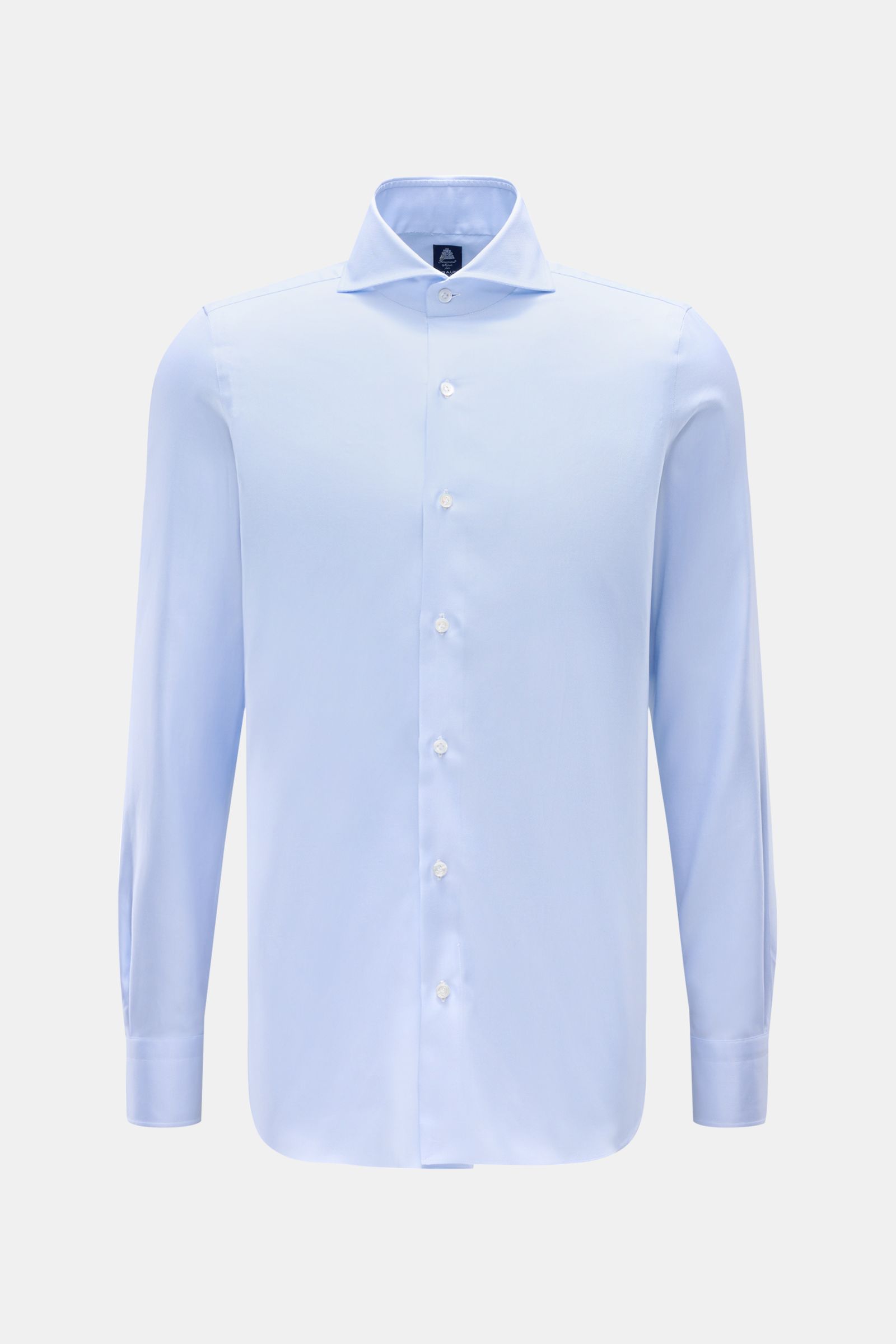 Front view of Finamore Oxford shirt 'Sergio Napoli' shark collar light blue, made of pure cotton Oxford fabric with smooth, cool touch, regular fit, extra-long sleeves, French button placket, classic barrel cuffs, and rounded hem.
