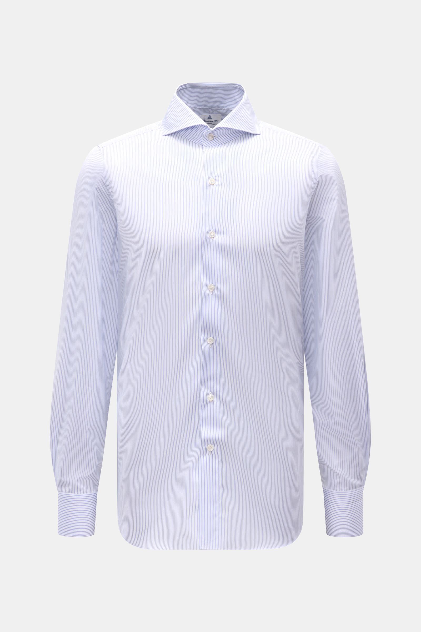 Finamore Business Hemd 'Sergio Milano' Haifisch-Kragen blau/weiß gestreift, Extra Slim Fit, reine Baumwolle, glatter Griff, frontal fotografiert.