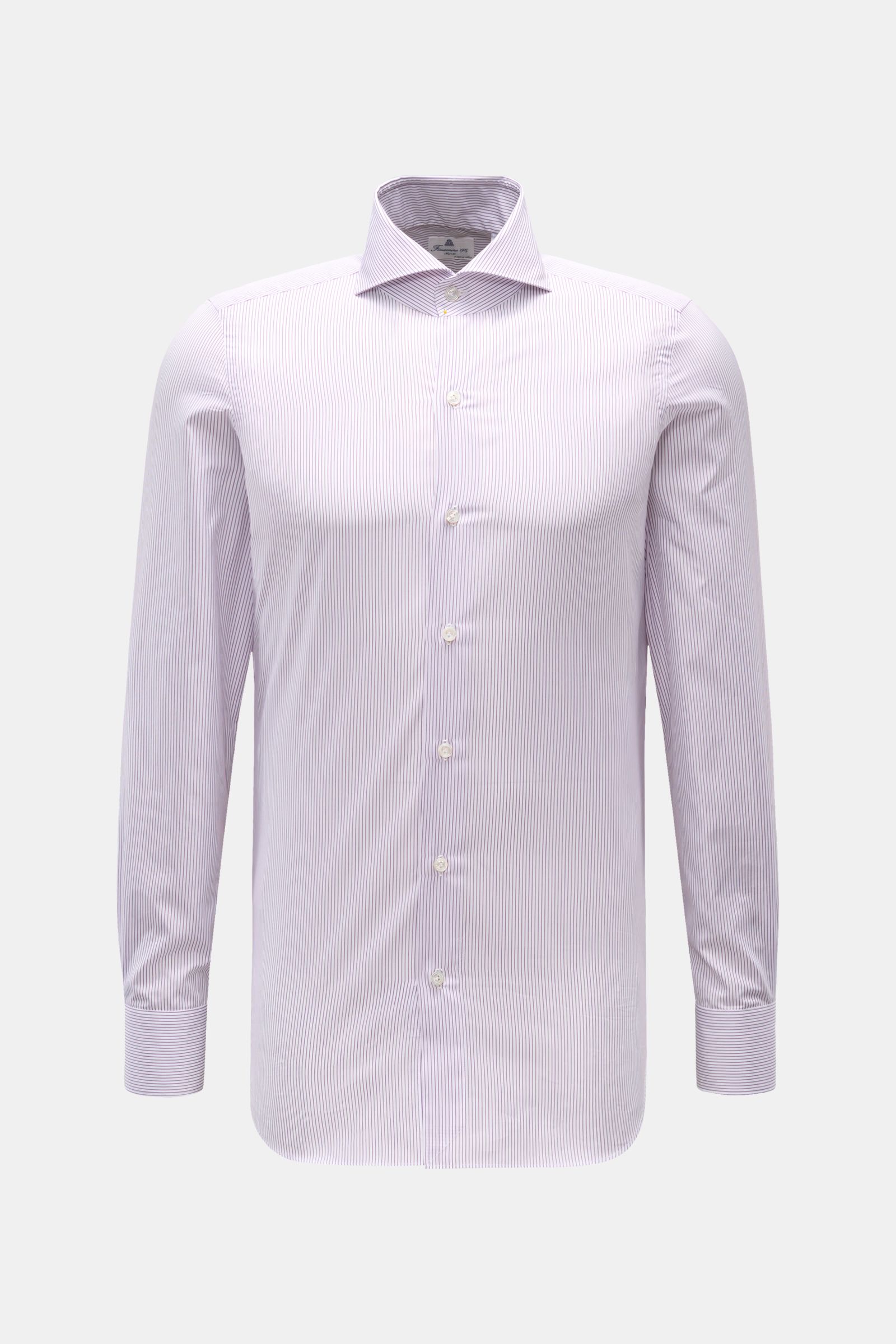 Finamore Business Hemd 'Sergio Milano' Haifisch-Kragen violett/weiß gestreift, Extra Slim Fit, reine Baumwolle, Sportmanschette, frontal fotografiert.
