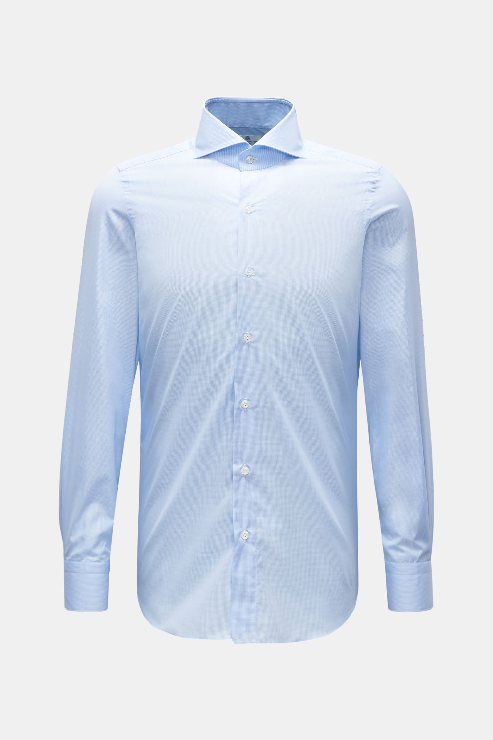 Front view of the Finamore Business shirt 'Sergio Milano' shark collar, light blue/white checked, made of pure Giza cotton with cool, smooth touch, micro graph check, extra slim fit, French button placket with mother-of-pearl buttons, classic barrel cuffs