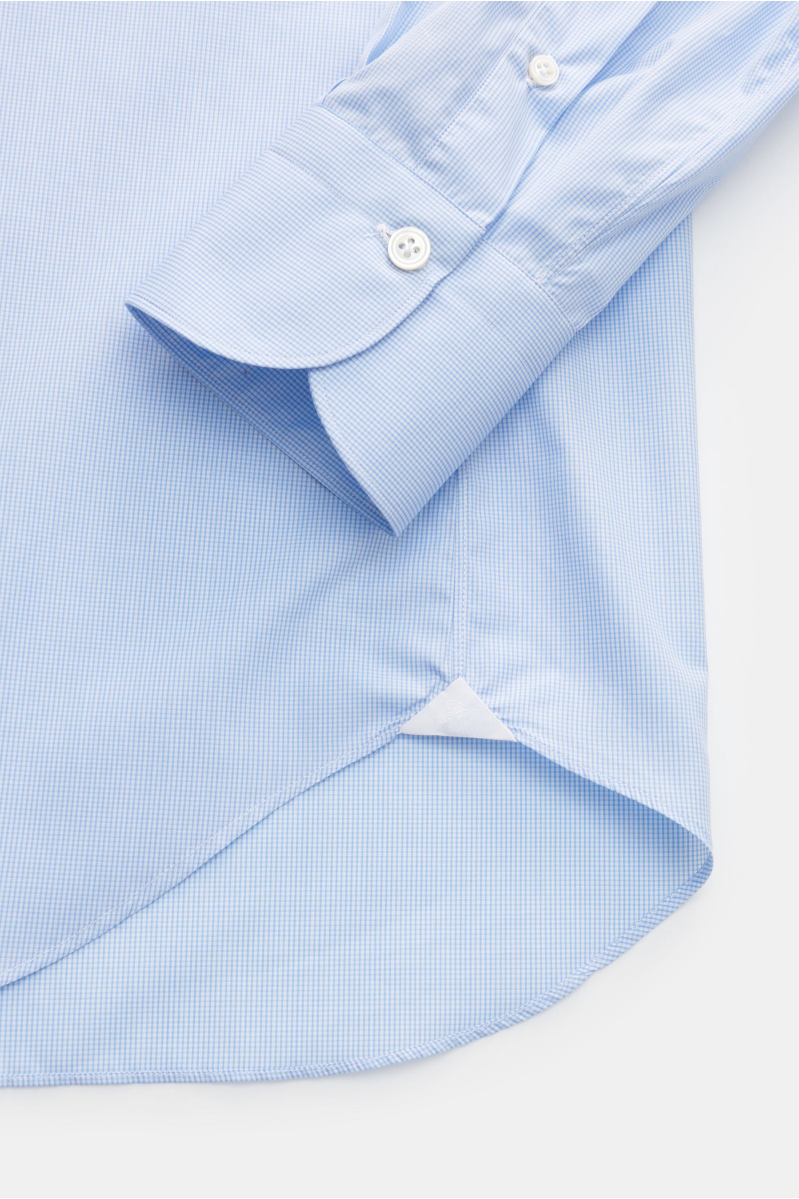 Finamore Business shirt 'Sergio Milano' shark collar, light blue/white checked shown from sleeve and hem close-up, pure Giza cotton, cool smooth touch, micro graph check, extra slim fit, shark collar, French button placket with mother-of-pearl buttons, cl